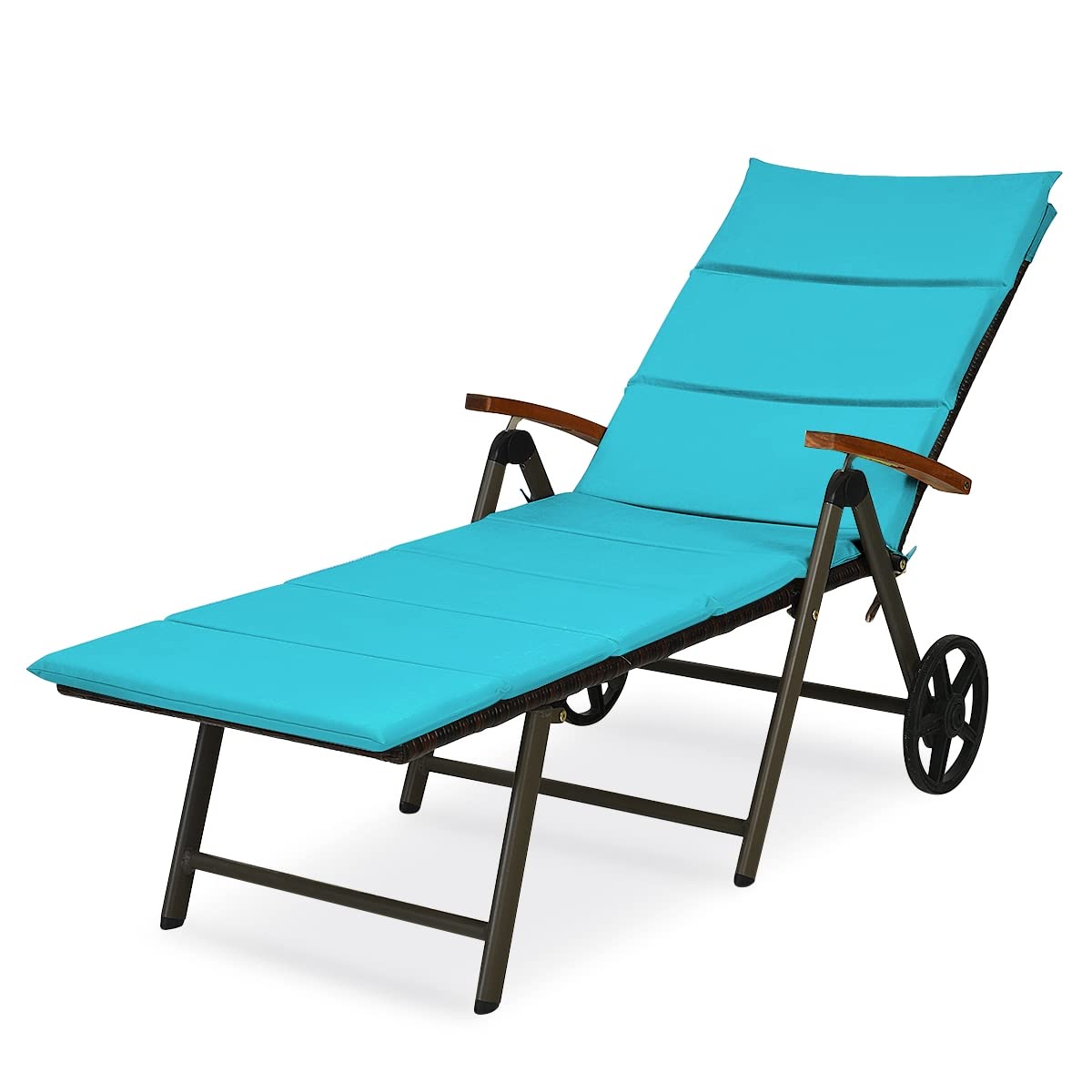 7-Position Adjustable Folding Patio Chaise Lounge Chair - Lightweight Rattan Outdoor Recliner with Wheels for Poolside, Garden & Backyard Relaxation (Turquoise)