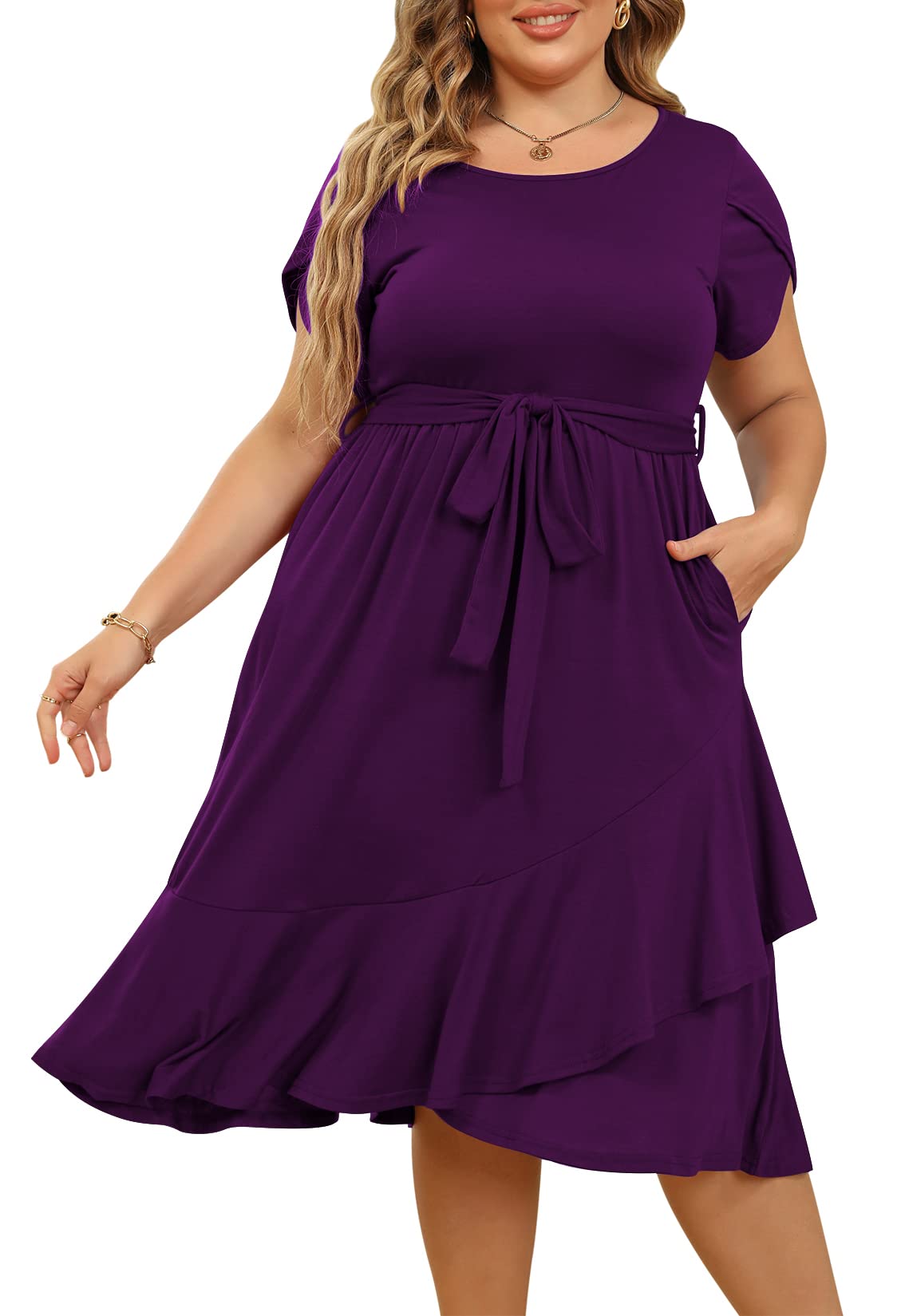 Plus Size Women's Spring Cocktail Dress - Empire Waist Midi Dress with Pockets & Short Sleeves | Holiday Party, Wedding Guest, Office Formal Wear