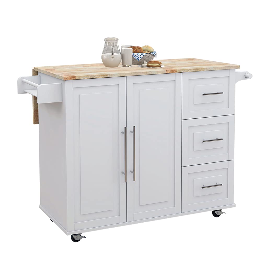 Expandable Solid Wood Kitchen Island with Drop-Leaf Table, Wheels & Storage - White | Large Cabinets, 3 Drawers, Spice Rack & Towel Holder | Perfect for Small Kitchens, Dining Areas & Food Prep Stations
