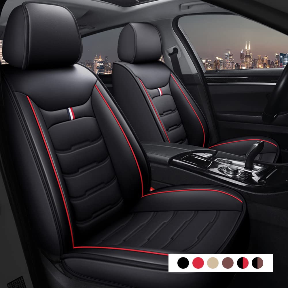 Premium Leather Waterproof Car Seat Covers for Sedan, Truck & SUV - Front Seat Only - Black & Red Auto Interior Accessories | Perfect for Daily Commute, Road Trips & Pet Protection