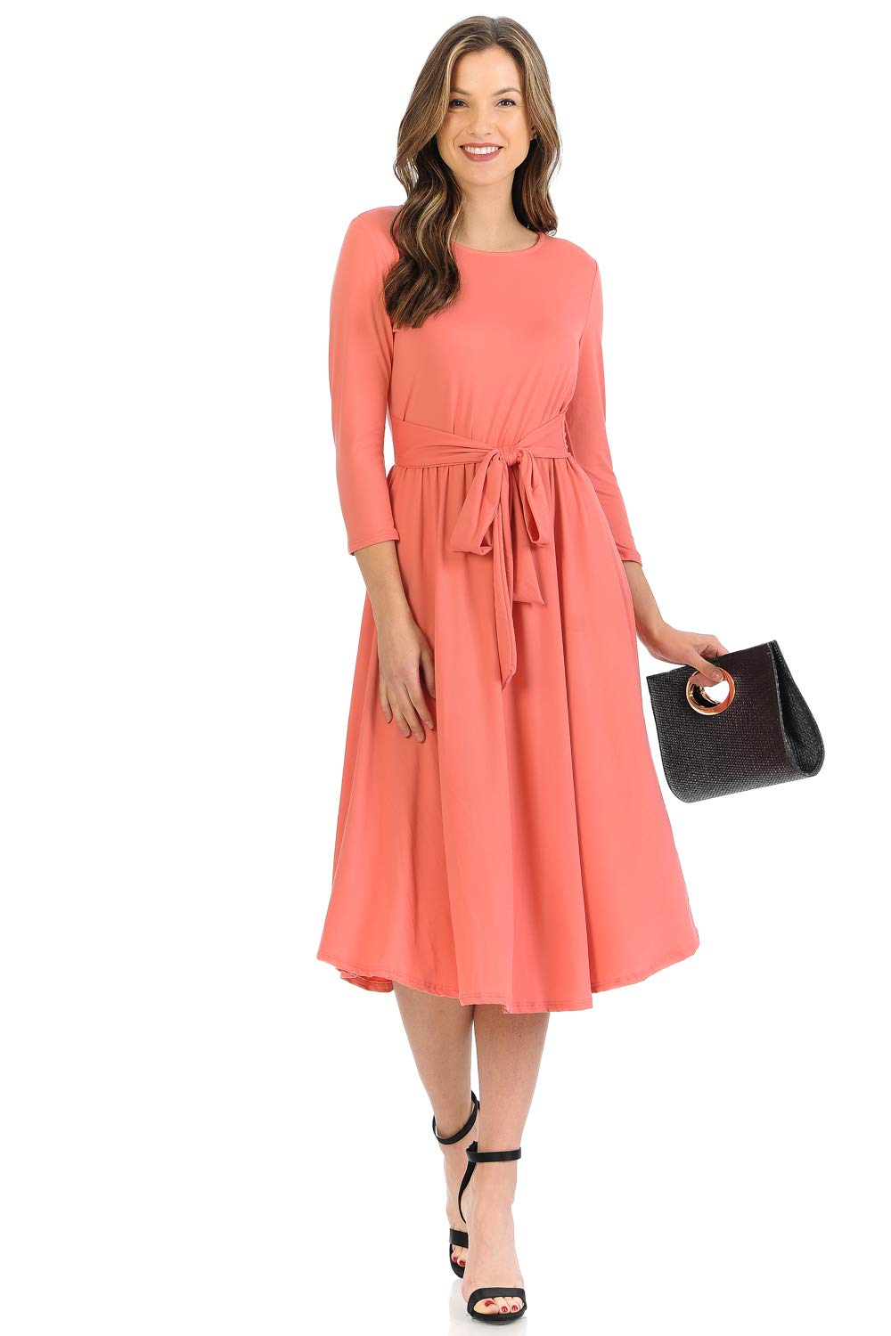 Iconic Luxe Women's A-Line Midi Dress with Waist Tie - Elegant Flowy Dress for Casual, Office & Special Occasions | Perfect for Brunch, Weddings & Date Nights