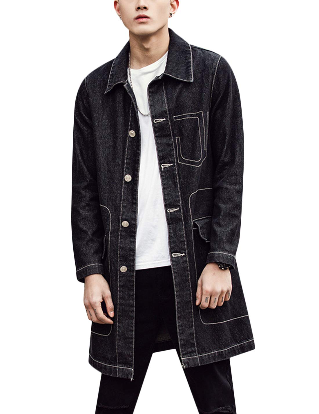 Springrain Men's Casual Long Denim Jacket - Classic Blue Stretch Jean Jacket for Men | Perfect for Outdoor Activities, Date Nights & Street Style Fashion