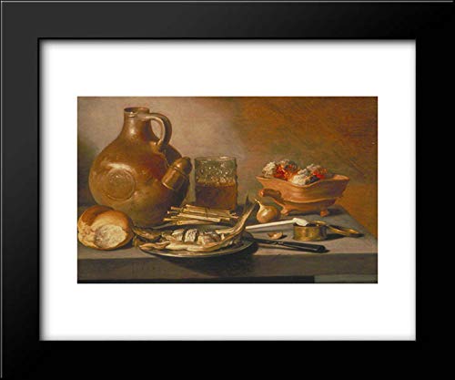 Pieter Claesz Still Life With Herring, Wine And Bread - 18x15 Framed Art Print - Dutch Golden Age Oil Painting Reproduction - Perfect for Dining Room, Kitchen Decor or Art Collector's Gallery