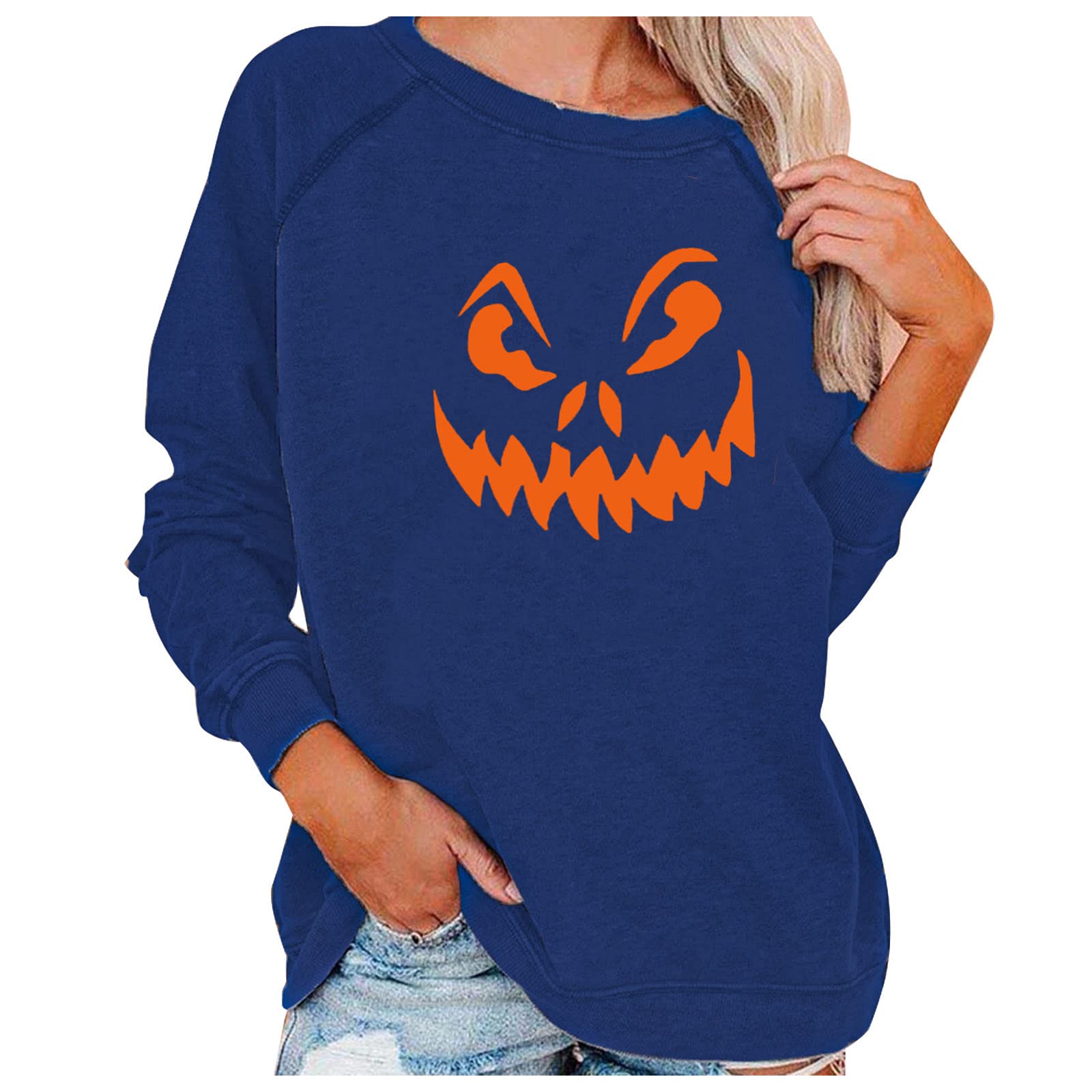 Women's Halloween Pumpkin Print Long Sleeve Sweatshirt - Lightweight Casual Pullover Top for Fall & Spooky Season | Perfect for Pumpkin Patch, Costume Parties & Cozy Autumn Outfits