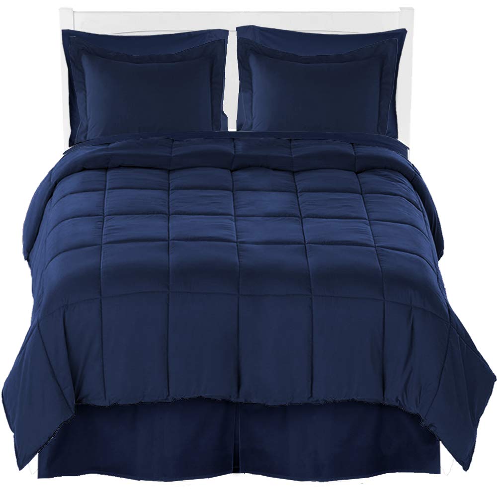 Premium Ultra-Soft Brushed Microfiber King Comforter Set with Sheet Set & Bed Skirt - Dark Blue Luxury Bedding Collection for Cozy Bedroom Decor & Guest Room Essentials