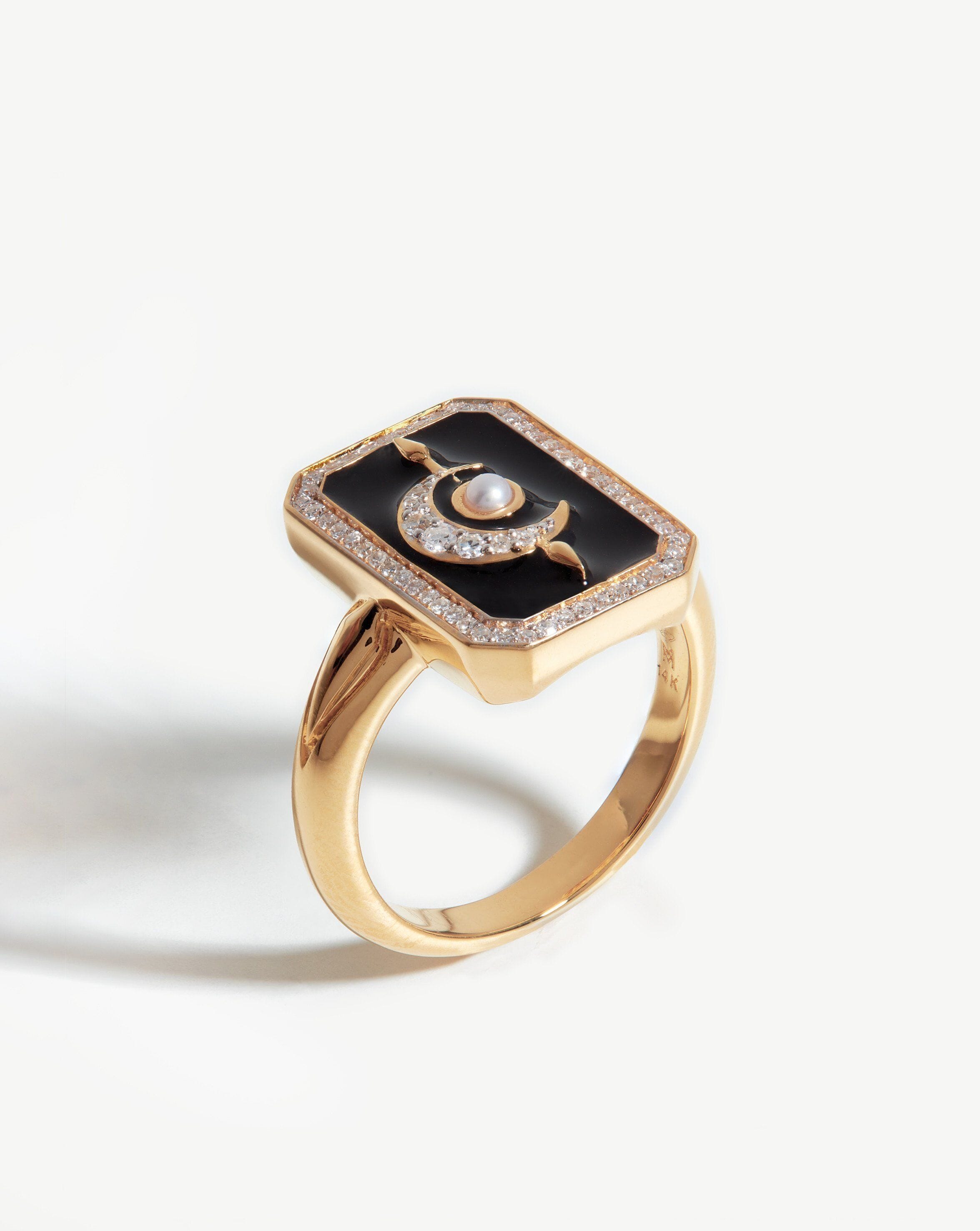 Harris Reed Fine Lunar Ring - 14k Solid Gold with Diamond & Black Enamel - Elegant Statement Jewelry for Women, Perfect for Evening Events & Special Occasions