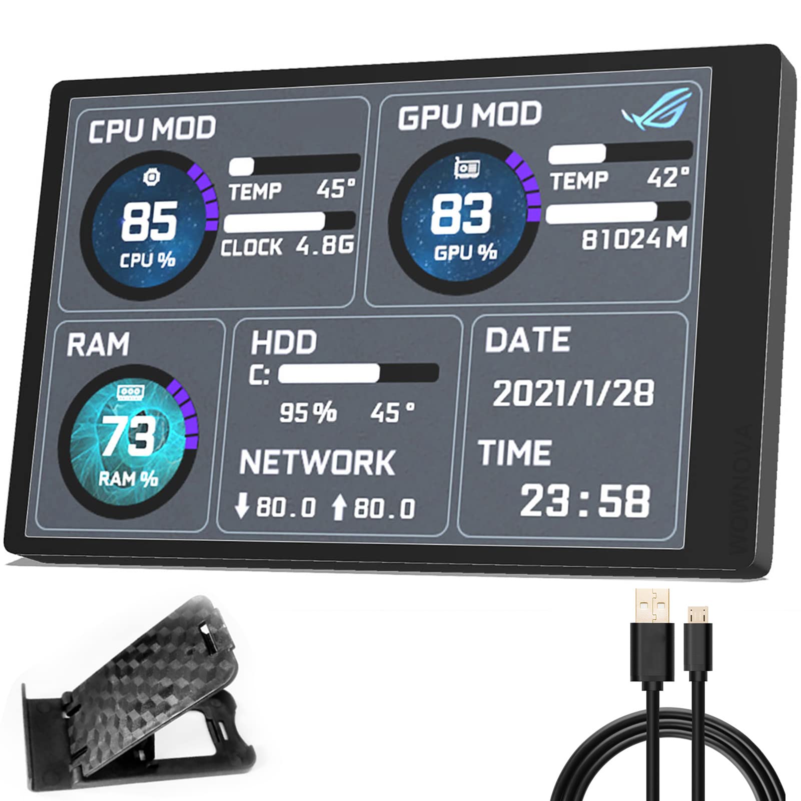 WOWNOVA PC Temperature Monitor - IPS USB Mini Display for CPU, RAM, HDD Data Tracking | ARGB Computer Case Sensor Panel | Real-Time System Performance Screen for Gaming Rigs & Workstations
