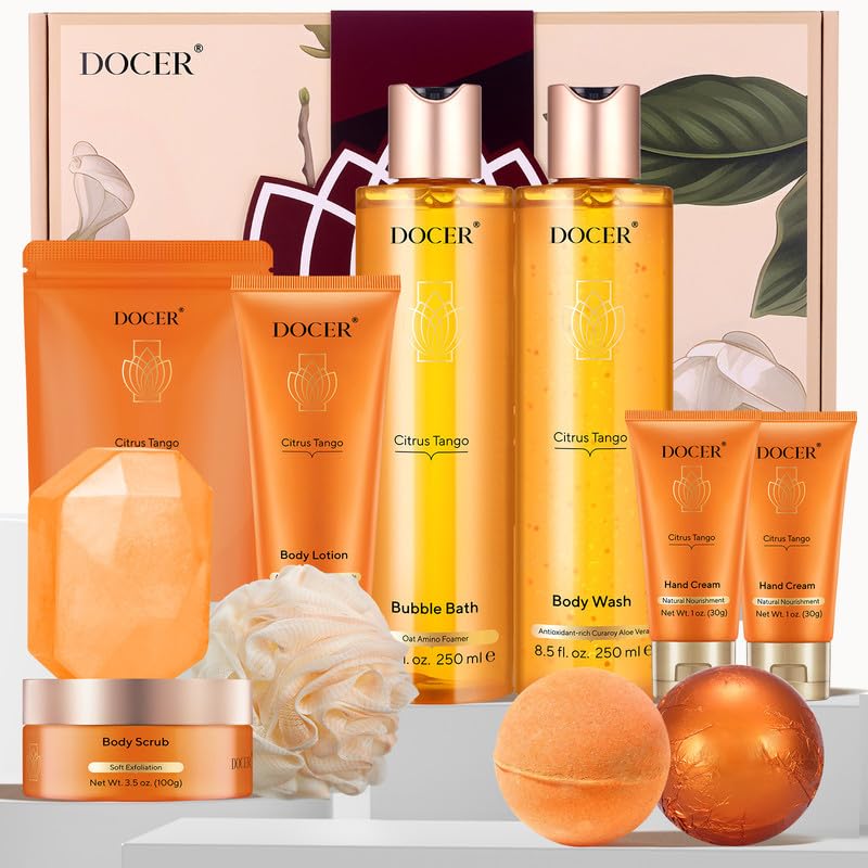 DOCER 11-Piece Spa Gift Set for Women - Body Wash, Lotion, Scrub, Bath Bombs & Hand Cream - Luxury Self Care & Birthday Gift Basket - Perfect for Relaxation, Pampering & Stress Relief