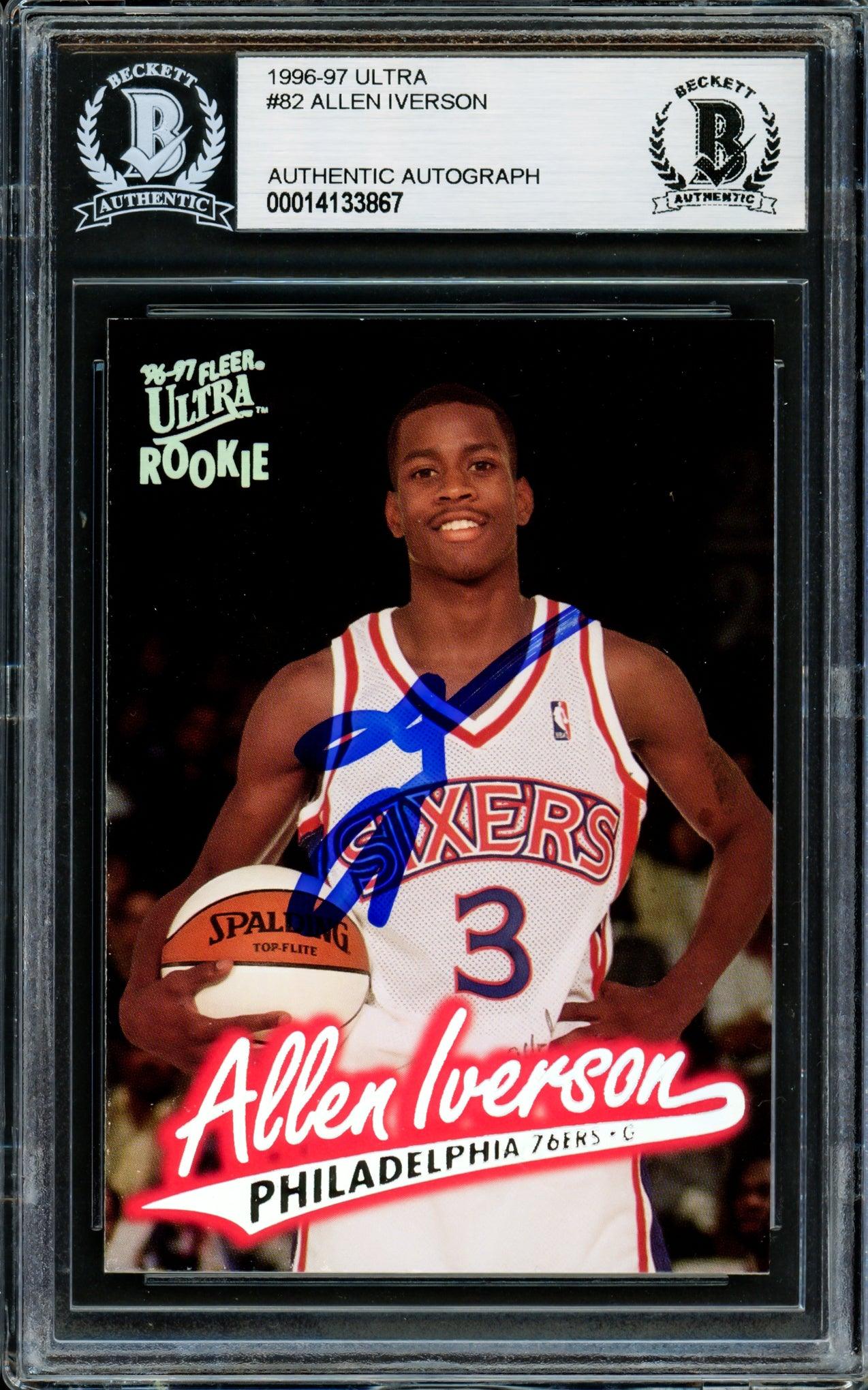 Allen Iverson Autographed 1996-97 Fleer Ultra Rookie Card #82 Philadelphia 76ers - Beckett BAS Certified #203717 - Perfect for NBA Memorabilia Collectors and 76ers Fans