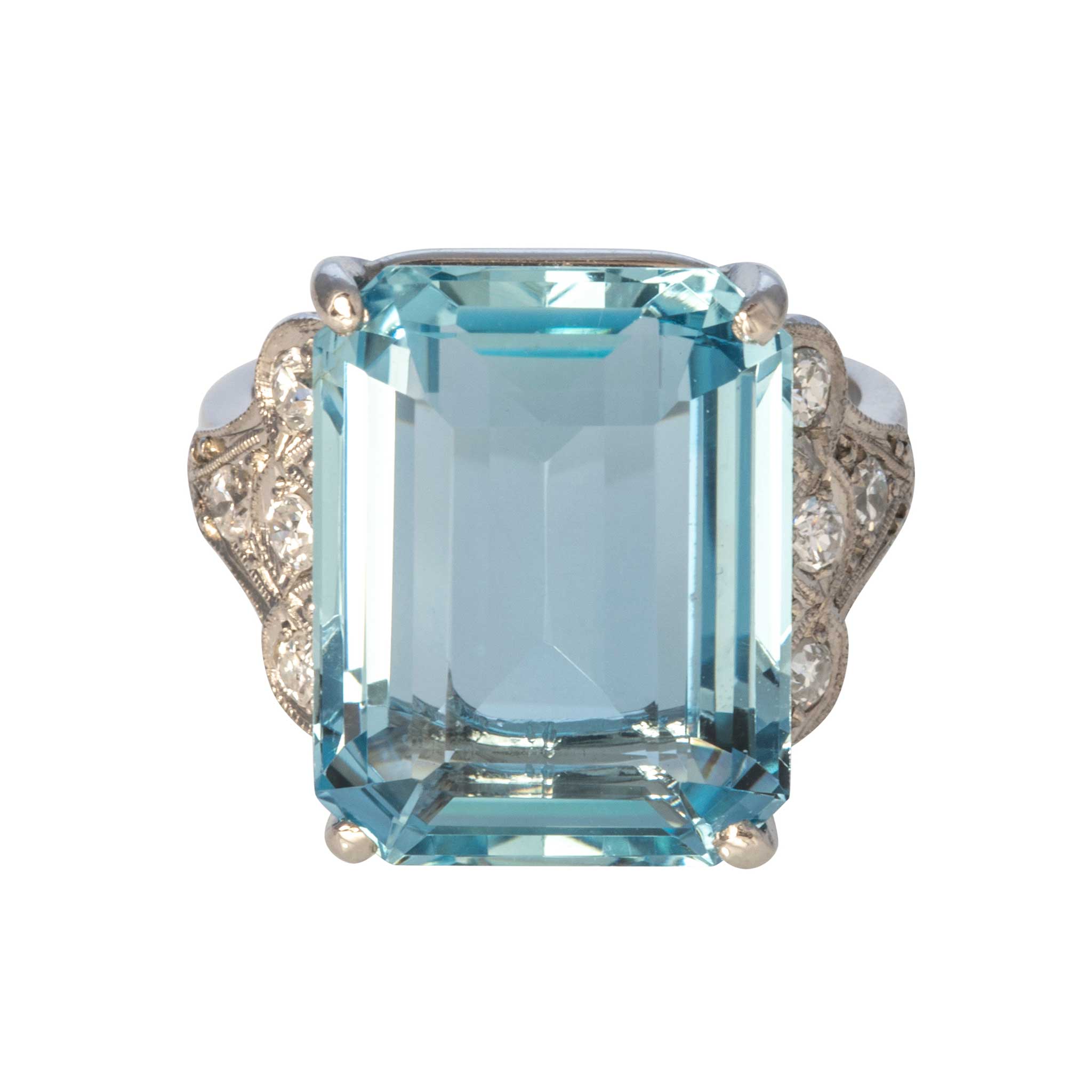 Vintage 11 Carat Emerald Cut Aquamarine & Diamond Platinum Ring - Elegant Engagement, Wedding, Anniversary Jewelry Gift for Her