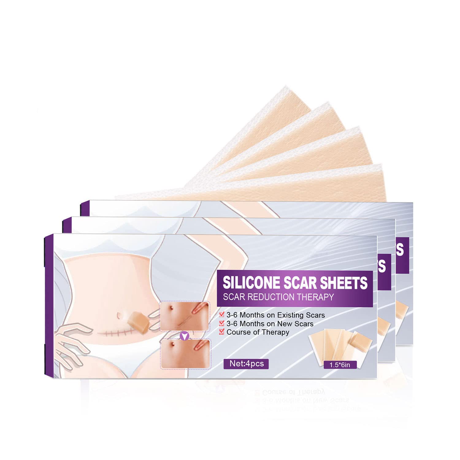 QINGTING Silicone Scar Sheets for Scars Removal - 3 Pack Medical Grade Silicone Gel Sheets for Surgery, Burns, Acne, Keloids & Stretch Marks - Painless Scar Treatment for Post-Surgery & Skin Recovery