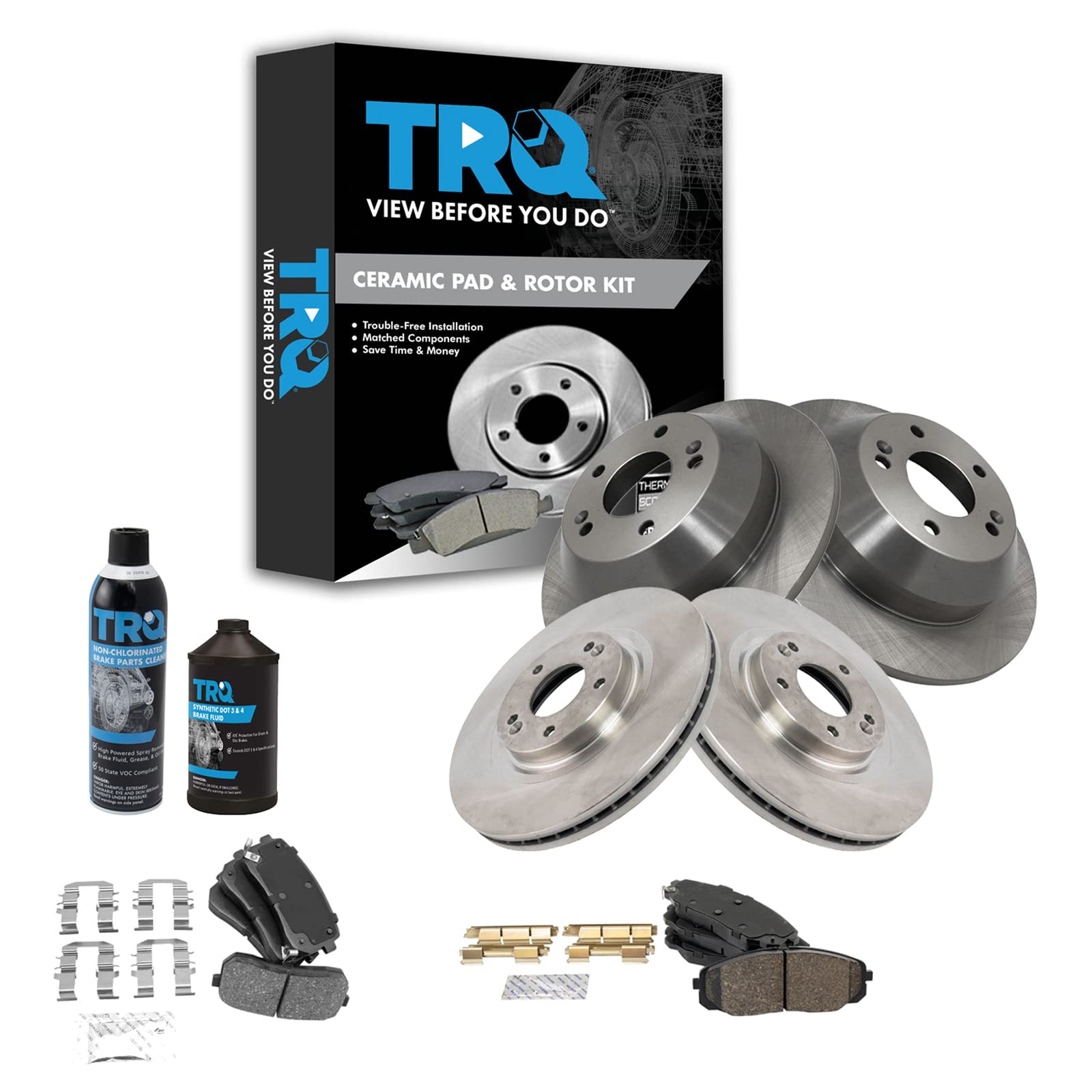 TRQ Front and Rear Brake Pad & Rotor Kit with Brake Chemical Kit - Ceramic Brake Pads & Solid Rotors for 2015-2020 Kia Sedona - Perfect for Smooth Stops and Enhanced Safety in City Driving and Highway Commutes