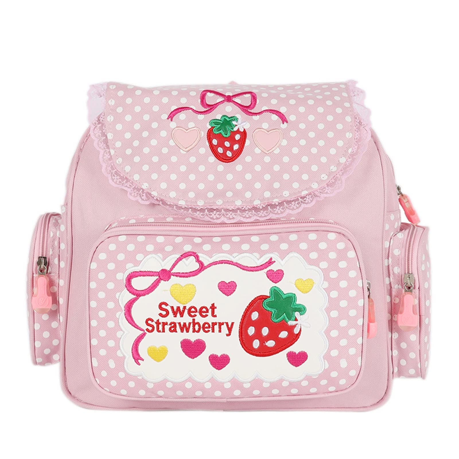 ZYOUU Japanese Style Kawaii Strawberry Embroidery Backpack for Girls - Cute Lolita Lace School Bag for Teens, Pink (Perfect for School, Cosplay & Anime Conventions)