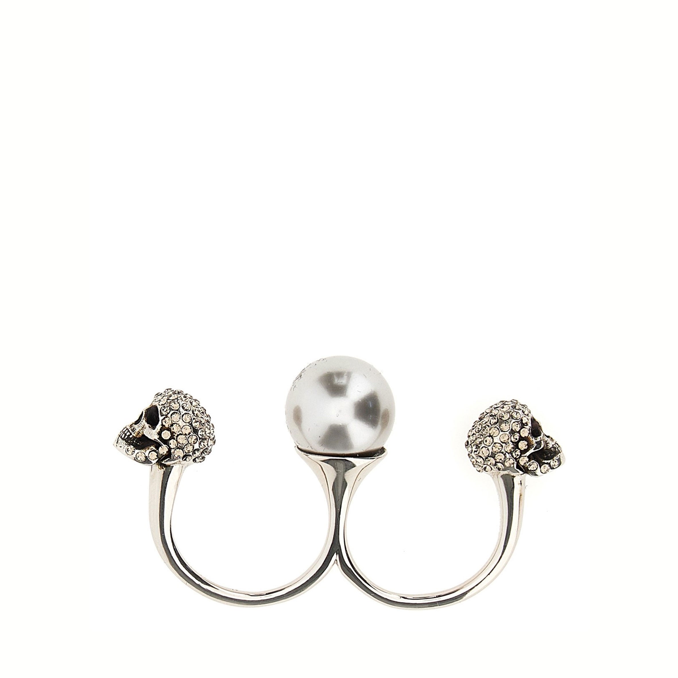 Sterling Silver Pearl Skull Double Ring for Women - Gothic Punk Jewelry for Halloween, Cosplay, and Alternative Fashion