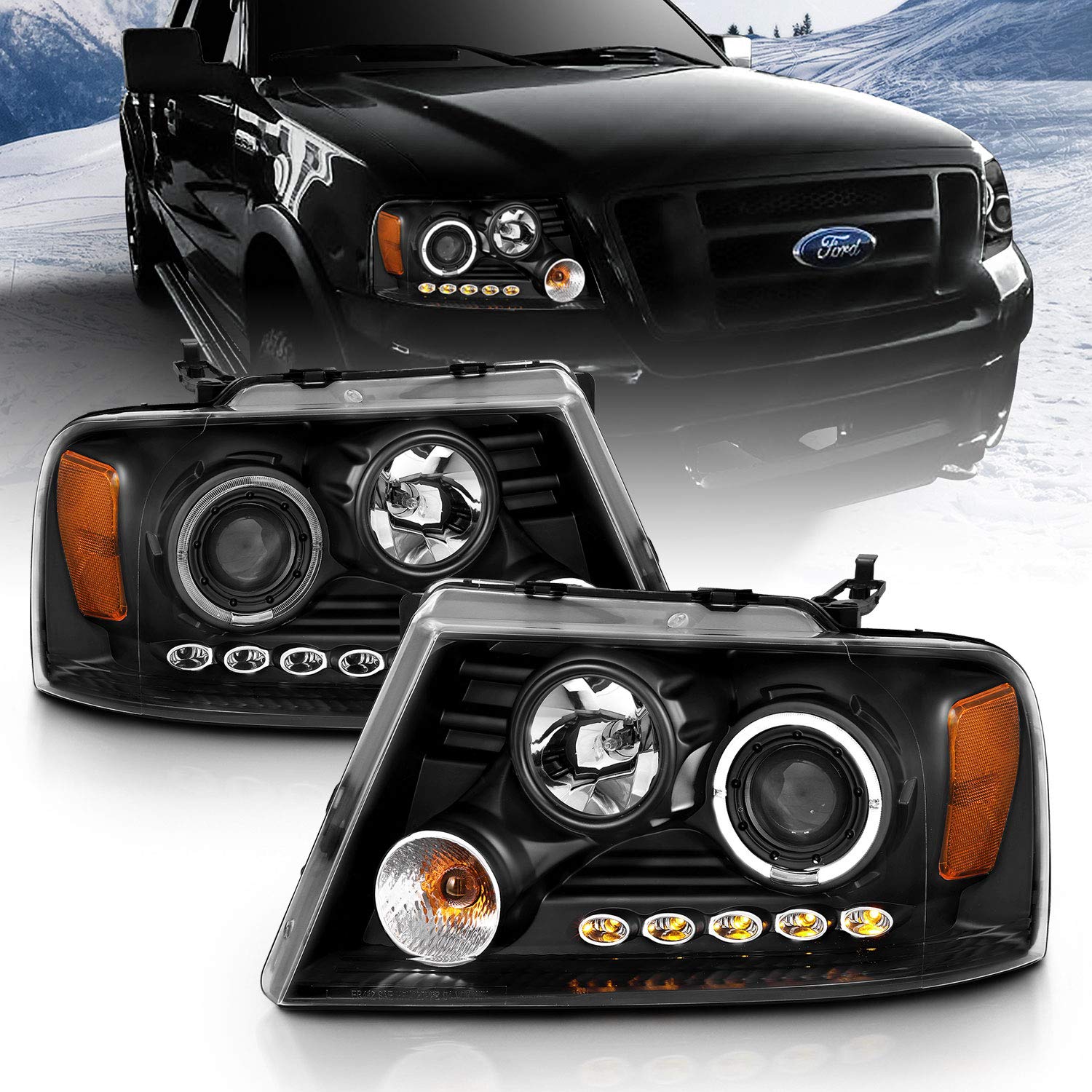AmeriLite Black Projector Headlights with Halo Ring for Ford F-150 (Pair) - High Performance LED Headlights for Improved Night Visibility - Perfect for Off-Roading, Truck Upgrades & Night Driving