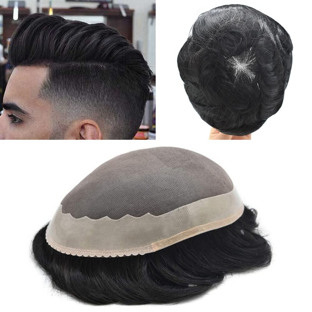 Premium Black Men's Hair System - Durable Fine Mono Lace Wig with PU Coating | 100% Real Human Hair Toupee (6x8 Inch, Light-Medium Density, Jet Black #1) | Natural Look for Daily Wear, Special Occasions & Hair Loss Solutions