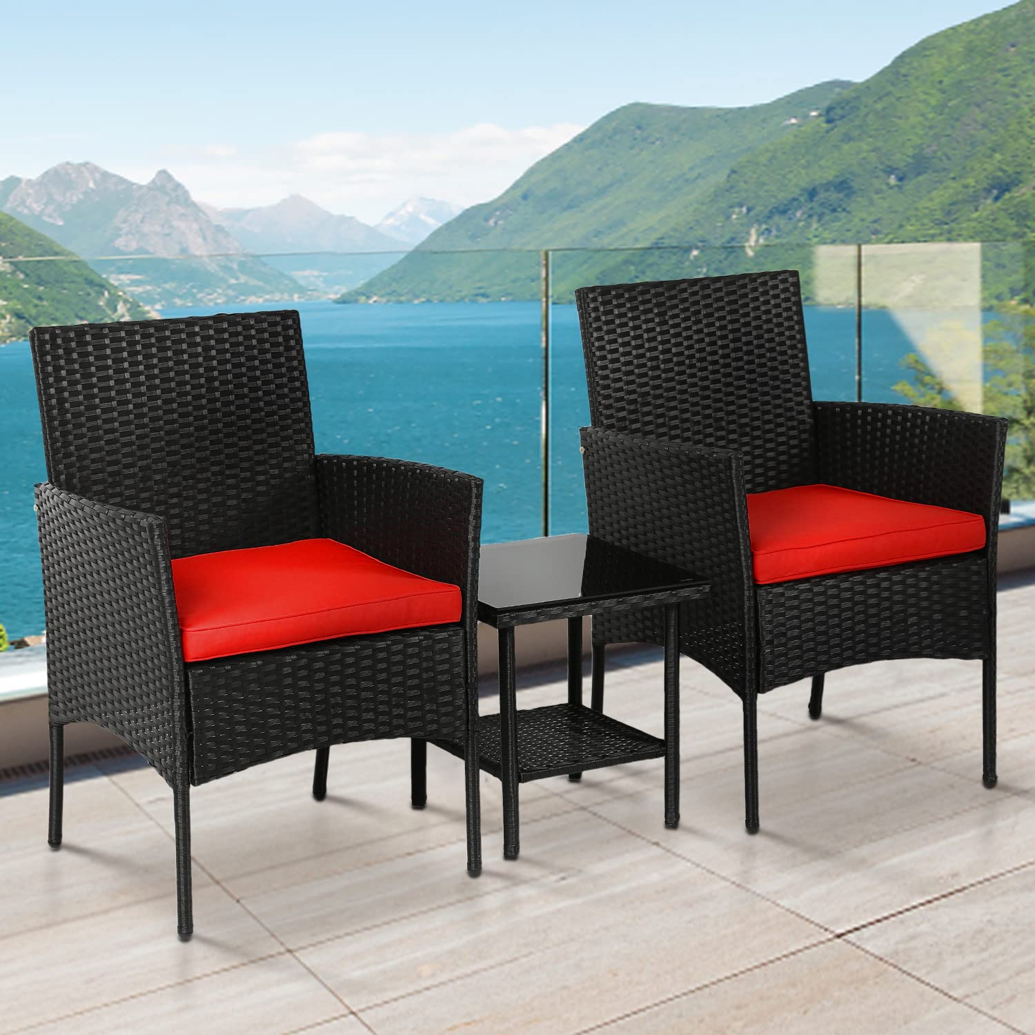 3-Piece Patio Bistro Set - Outdoor Rattan Wicker Sofa Table & Chairs Conversation Set with Tempered Glass Table - Perfect for Backyard, Lawn, Porch, Poolside & Balcony - Red (Ideal for Outdoor Dining, Relaxing & Entertaining Guests)