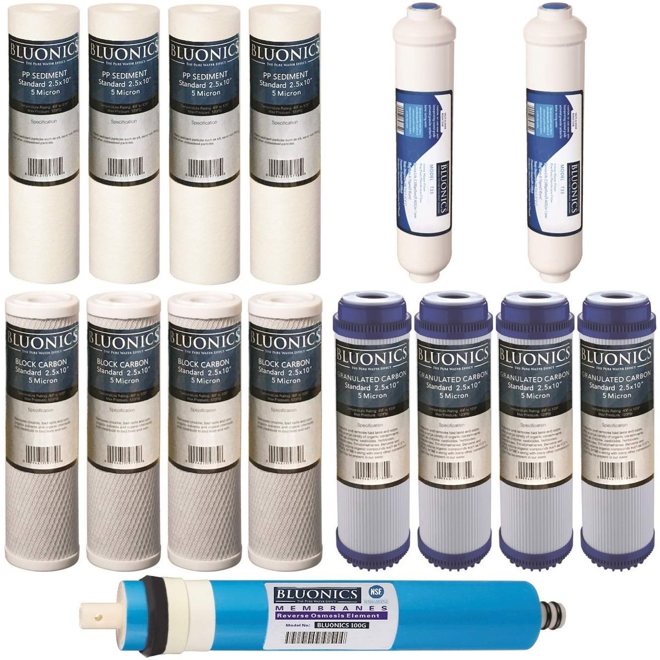 Reverse Osmosis Replacement Filter Set - 15 pcs RO Cartridges with 100 GPD Membrane for Clean Drinking Water | Under Sink Water Filtration System | Home, Office & RV Use
