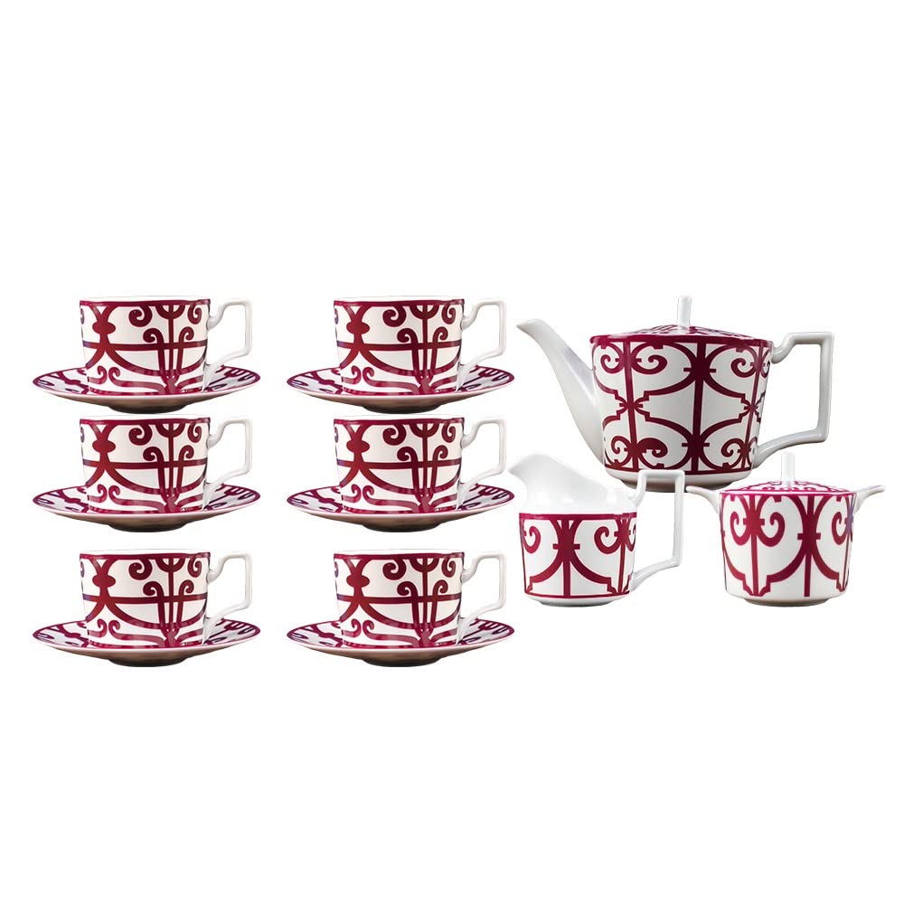6-Piece Bone China Tea Cup and Saucer Set - Elegant European Ceramic Coffee Cups for Afternoon Tea, Bridal Shower & Mother's Day Gifts (Red) - Perfect for Tea Parties, Home Decor & Thoughtful Presents
