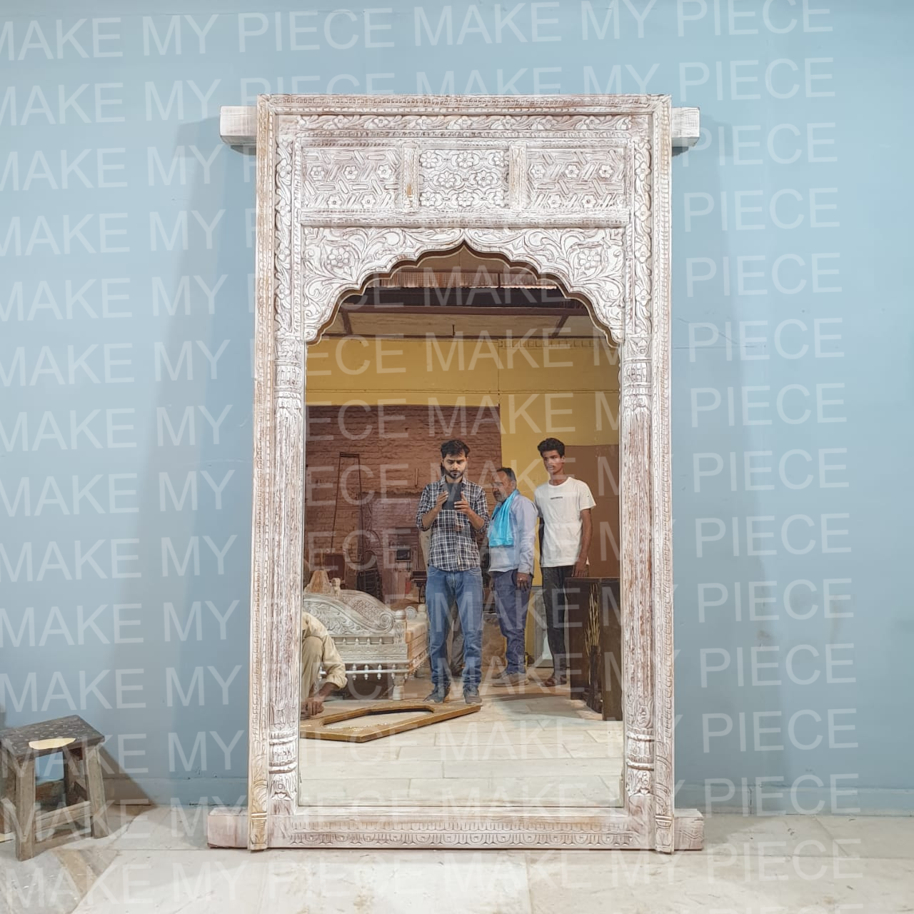 Hand Carved Indian Arch Mirror Frame with Bleach Finish - Deborah - Elegant Home Decor for Living Room, Bedroom, or Entryway