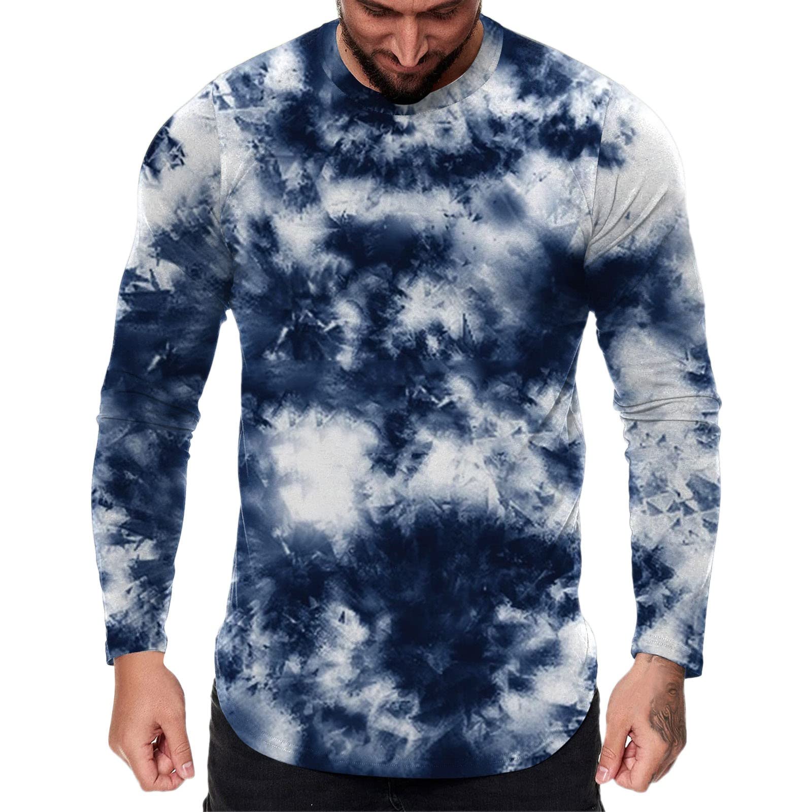 XXBR Men's Long Sleeve Tie Dye T-Shirts | Street Style Crewneck Muscle Tee | Workout & Casual Wear | Fall Fashion Basic Top for Gym, Sports & Everyday Outfits
