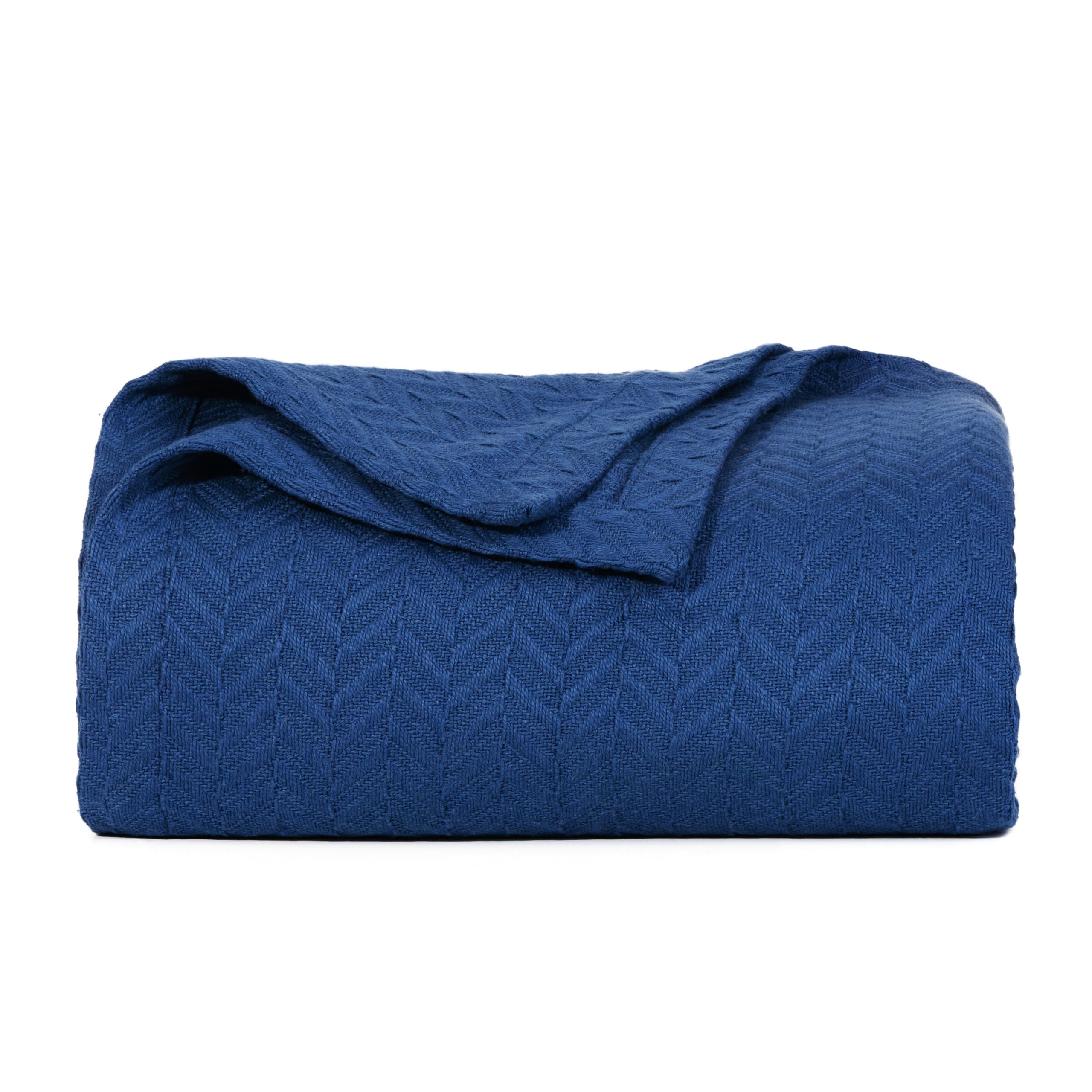 Premium 100% Cotton Queen Size Blanket - Ultra Soft & Breathable All-Season Bedding - 92x92 Inch Lightweight Luxury Blanket for Bedroom, Guest Room, Dorm or Outdoor Picnics (Blue)