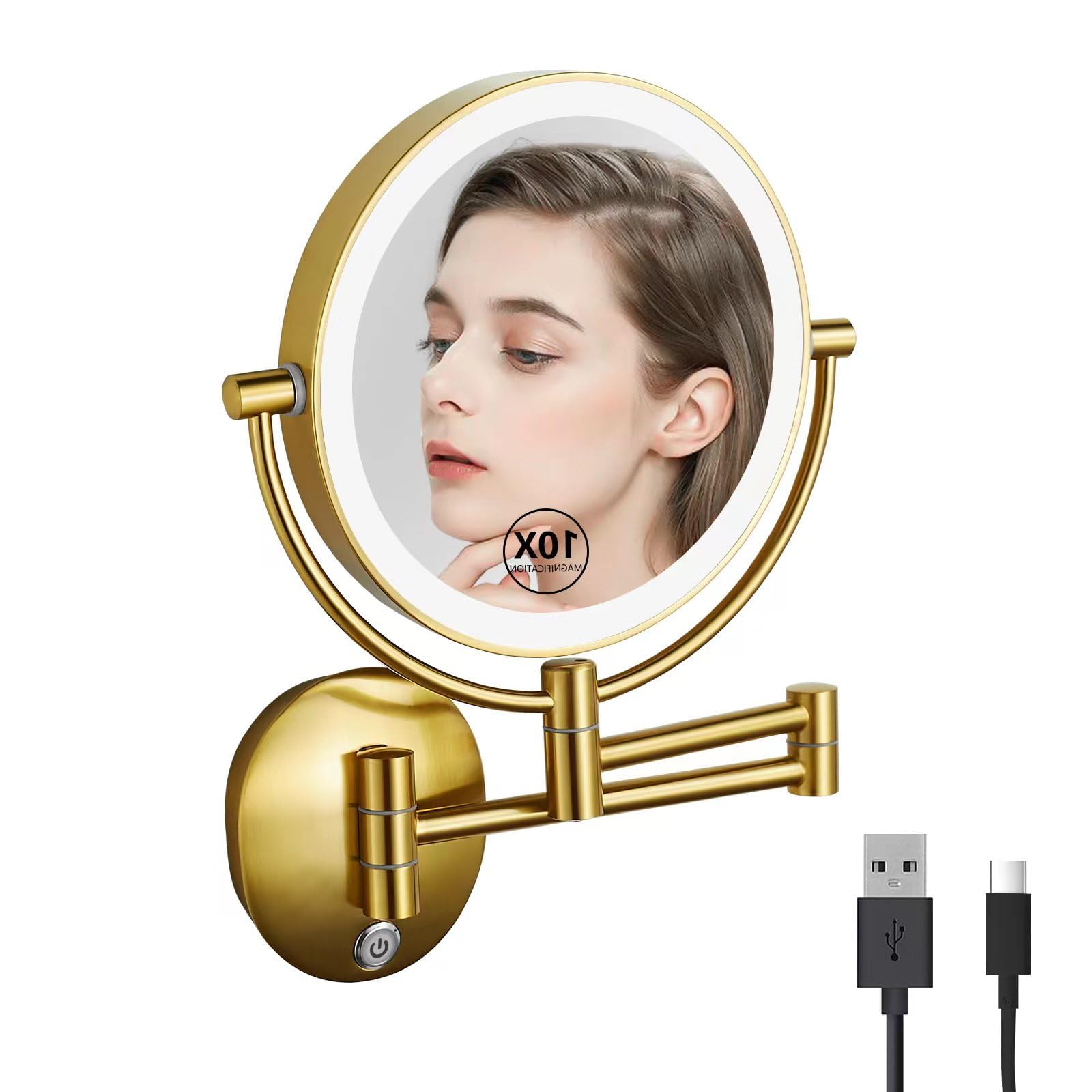 10X Magnification Wall Mounted Makeup Mirror - 8 Inch Double Sided Vanity Mirror with LED Lights, USB Rechargeable & Touch Control (Antique Brass) - Perfect for Bathroom, Bedroom & Dressing Room Makeup Application