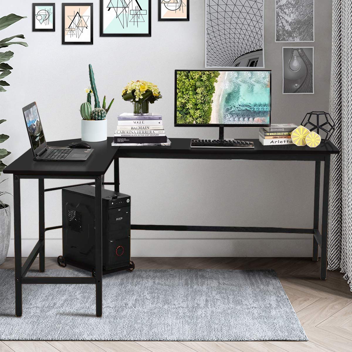 Modern L-Shaped Desk Corner Computer Desk for Home Office - Ergonomic Gaming & Study Workstation with CPU Stand, PC Laptop Table (Black) - Perfect for Small Spaces, Gaming Setups & Remote Work