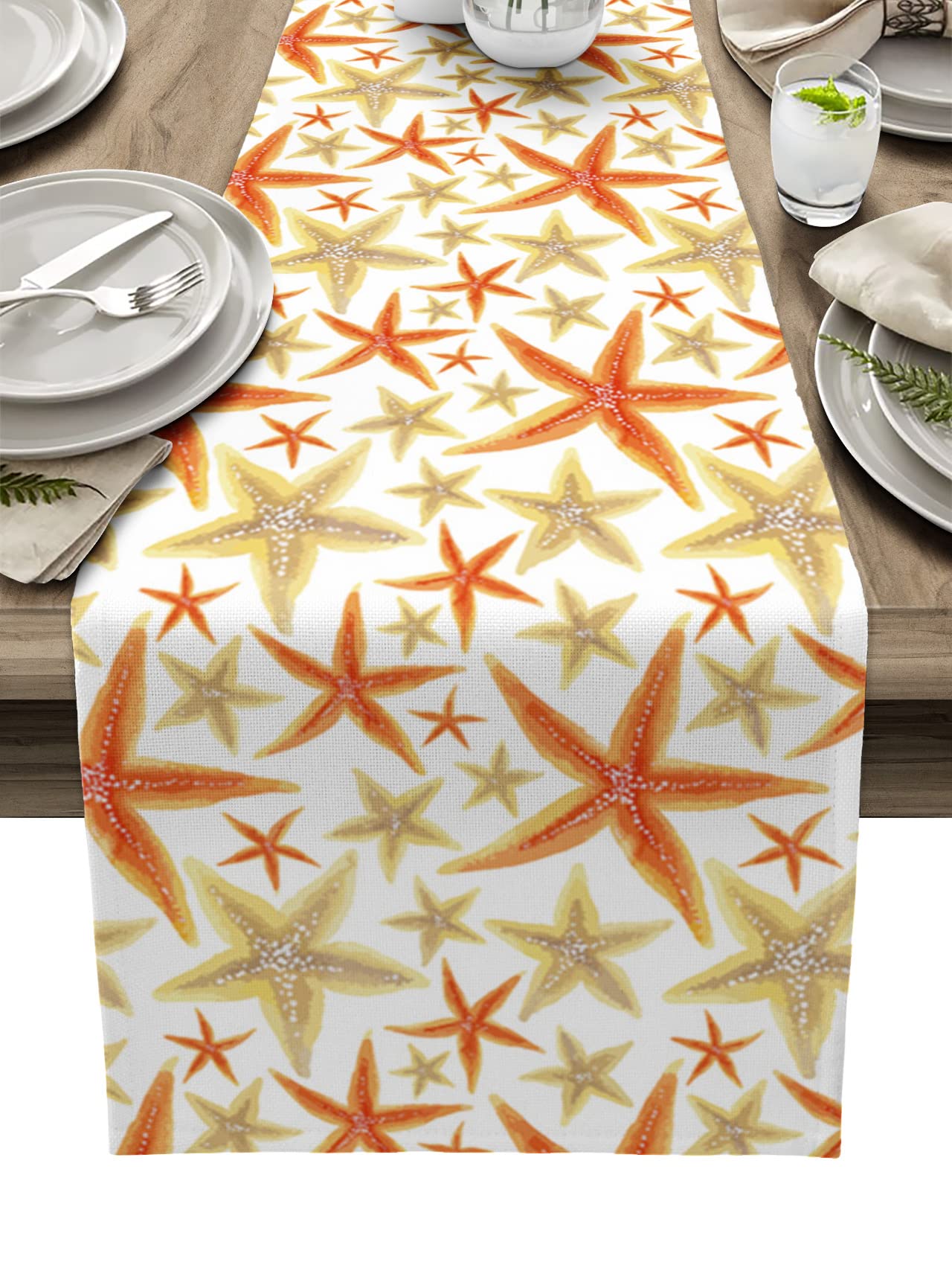 Starfish Table Runner - Farmhouse Holiday & Summer Ocean Dining Decor - Cotton Linen Table Scarf in Orange & Yellow - 13x72 Inch (Also Available in 13x120 Inch) - Perfect for Beach Weddings, Coastal Themed Parties & Holiday Gatherings