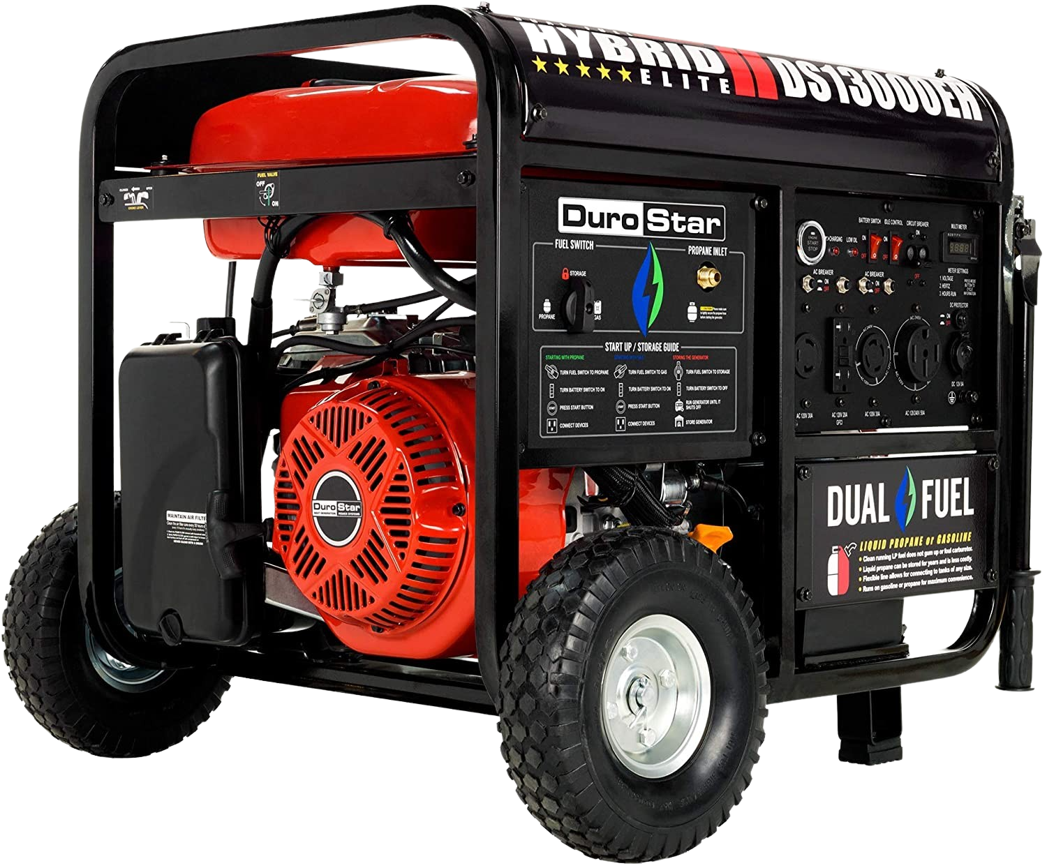 DuroMax DuroStar DS13000EH 13000W Dual Fuel Portable Generator with Electric Start - Red XP13000EH Version for Home Backup Power & Emergency Use