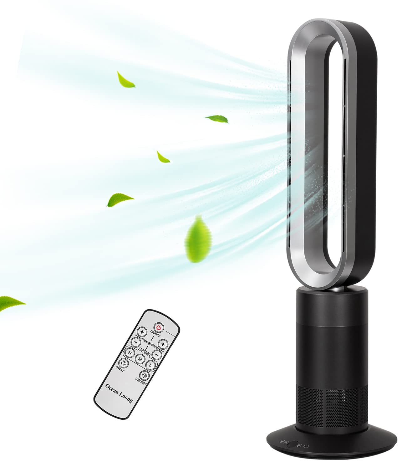 1950W Ceramic Heater Fan with Remote Control - 33.5 Inch Electric Space Heater, 10 Speed Settings & 9 Hour Timer, 120° Oscillating Bladeless Design - Overheat & Tip-Over Protection - Grey & Silver Air Circulator for Bedroom, Office, Living Room & Home Use