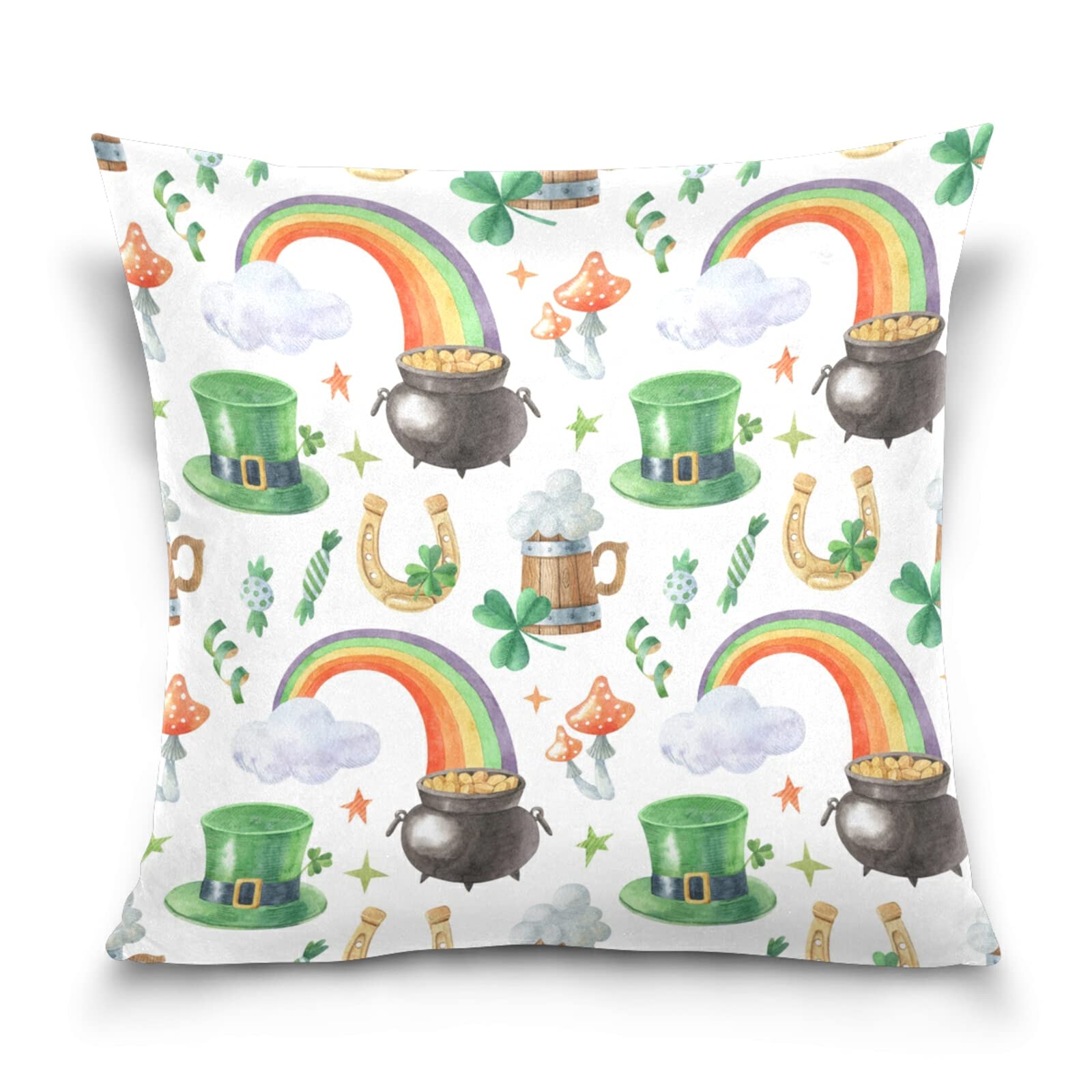 Leprechaun Hat Gold Pot Rainbow Pattern Decorative Pillow Covers 18x18 Inch - St. Patrick's Day Throw Pillow Covers for Sofa, Couch, Home & Farmhouse Decor - Perfect for Irish-Themed Parties & Holiday Home Styling