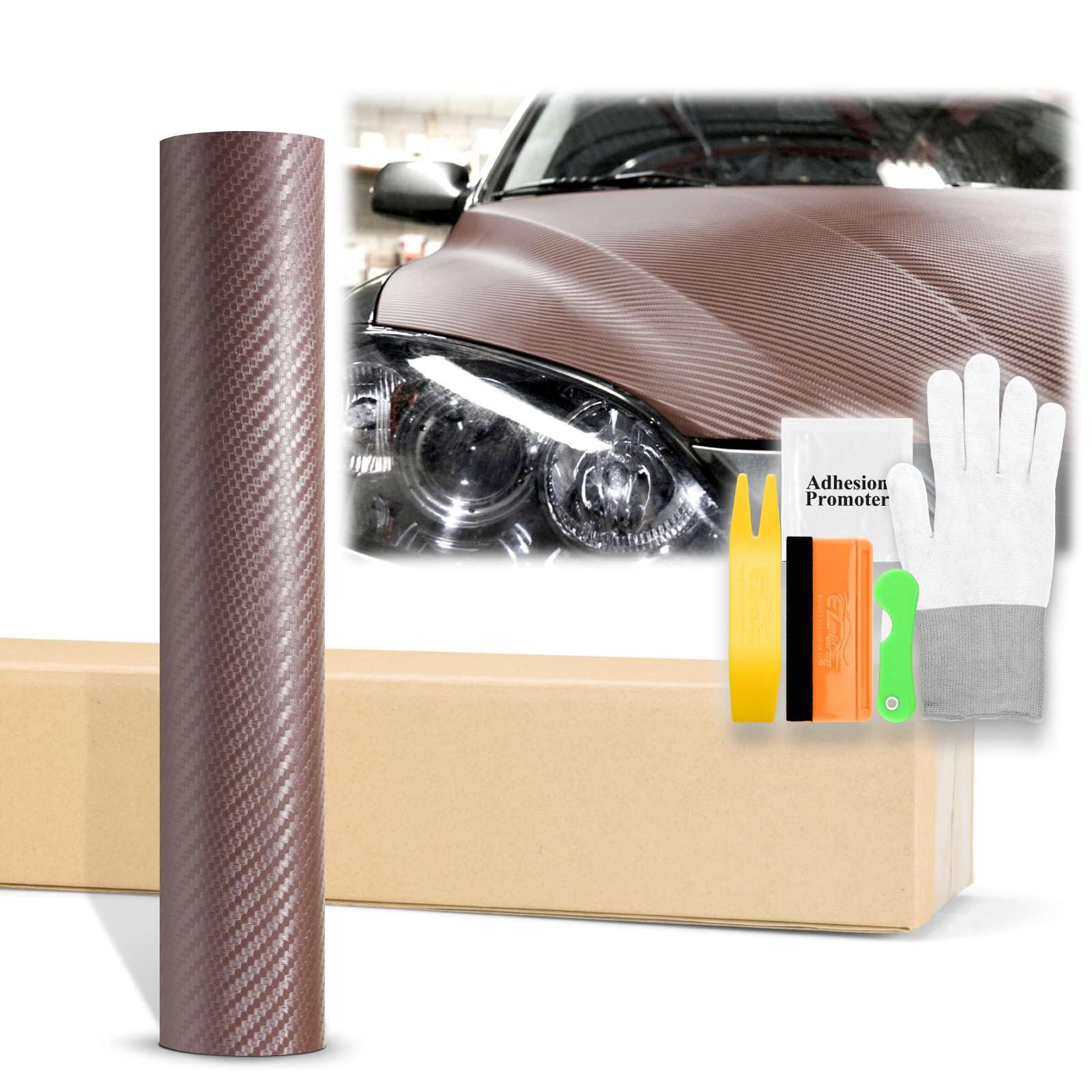 5FTx20FT 3D Carbon Fiber Vinyl Wrap - Brown Matte Car Sticker Decal Film with Air Release Technology & Tool Kit for Auto, Truck, Motorcycle - DIY Vehicle Customization