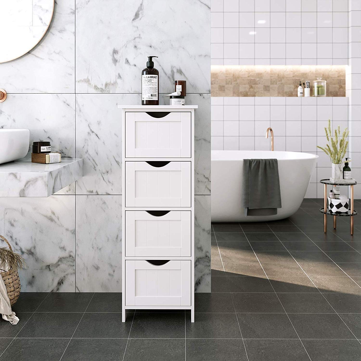 4-Drawer White Storage Cabinet - Modern Contemporary MDF Wood Finish Organizer for Bedroom, Office & Closet Organization