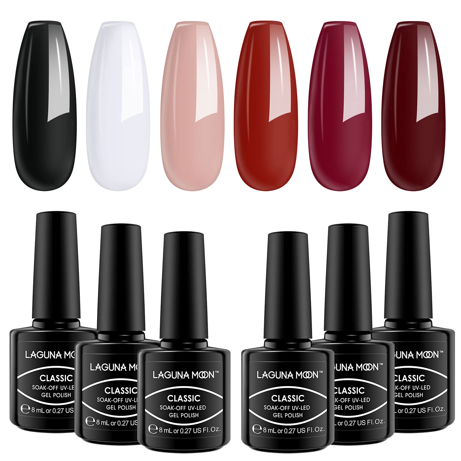 Lagunamoon Gel Nail Polish Set - 6 Colors Black & White Soak Off UV LED Nail Polish Kit with Christmas Snowflake Design | Professional Salon & DIY Manicure at Home | Perfect for Holiday Gifts, Nail Art, Parties & Special Occasions