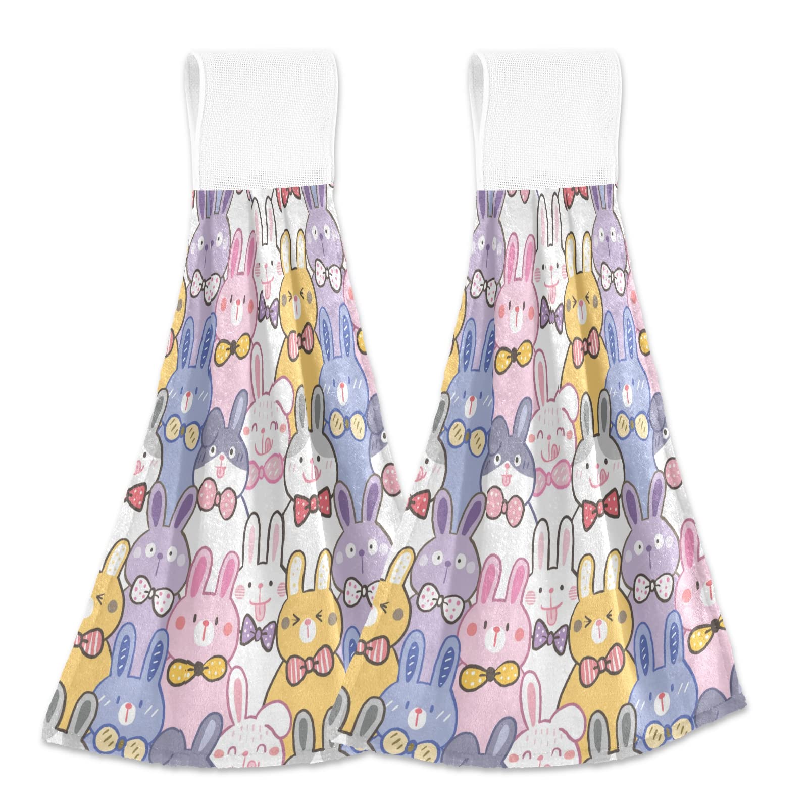 Cute Cartoon Rabbit Hand Towels Set of 2 - Soft Absorbent Microfiber Coral Velvet Towels with Hanging Loop for Kitchen, Bathroom, Laundry Room - Perfect for Home Decor and Gift Giving