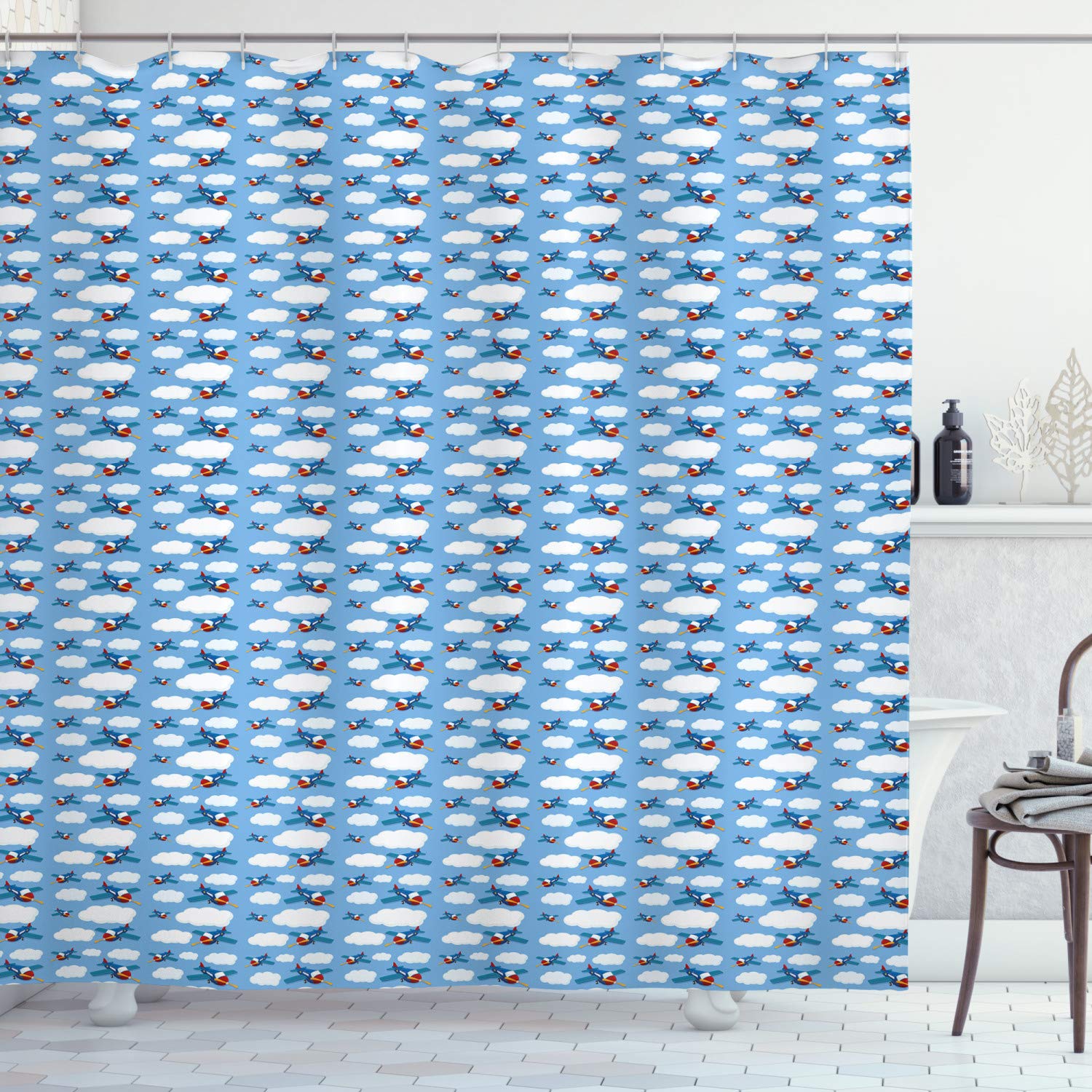 Ambesonne Blue Sky Shower Curtain - Funky Airplane Design, 69x75 Inch Fabric Bathroom Decor with Hooks | Cartoon Aircraft Transportation Theme | Waterproof Polyester for Kids & Adults Bedroom, Bathroom Decor