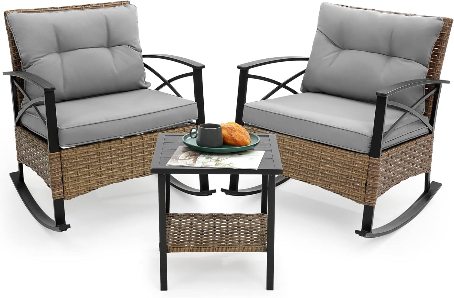 3-Piece Outdoor Rocking Chair Set - Grey Patio Bistro Furniture with Wicker Rockers & Cushioned Seating, Perfect for Porch, Garden, Lawn or Backyard Relaxation