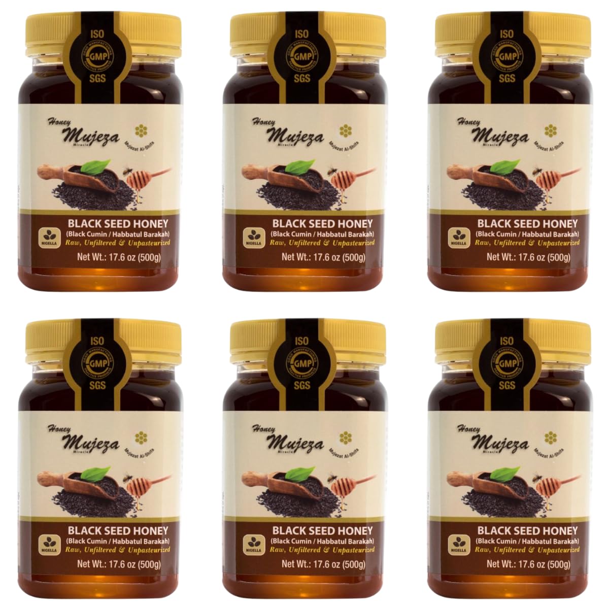 Premium Organic Black Seed Honey - 100% Natural Raw, Non-GMO, Gluten-Free (Pack of 6, 17.6oz Each) - Immune System Booster, Cold & Allergy Relief - Perfect for Tea, Toast & Healthy Recipes