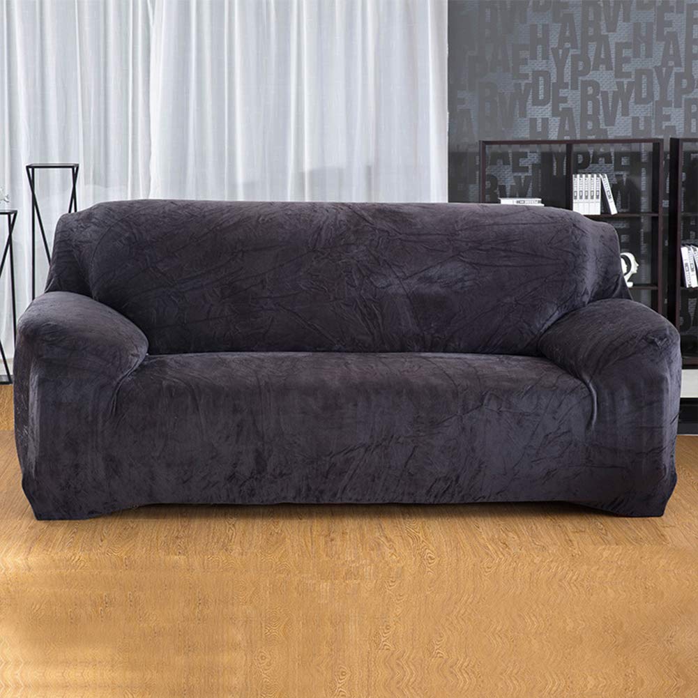 Nileco Velvet Stretch Couch Cover - 1-Piece Sofa Slipcover for Loveseat & Chair, Anti-Slip Thick Plush Full Cover (Gray, Fits 4-Seater) - Perfect for Living Room, Bedroom & Home Decor Protection