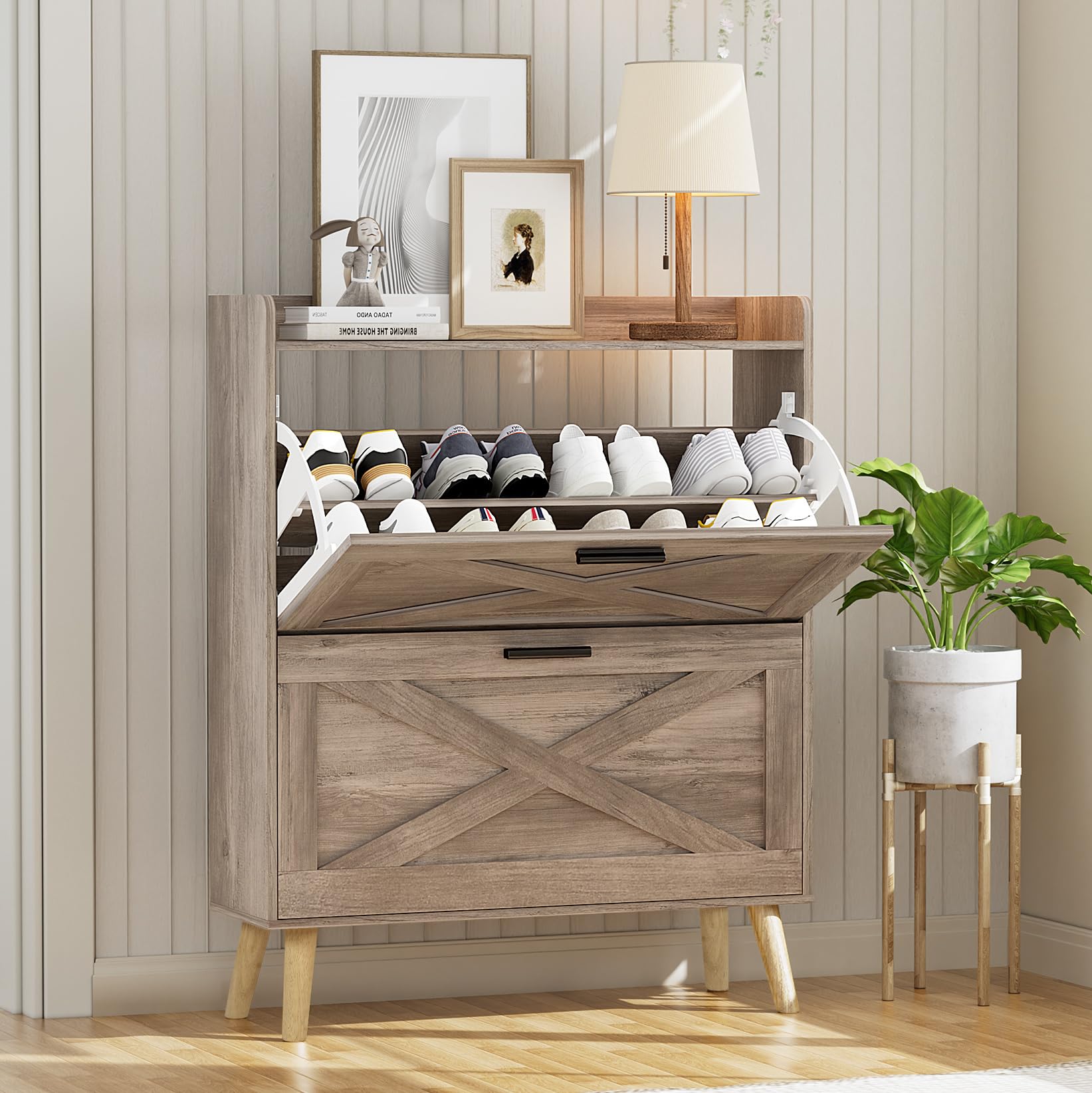 Farmhouse Shoe Cabinet with Barn Door & Adjustable Shelves - Slim Entryway Storage for Hallway & Living Room
