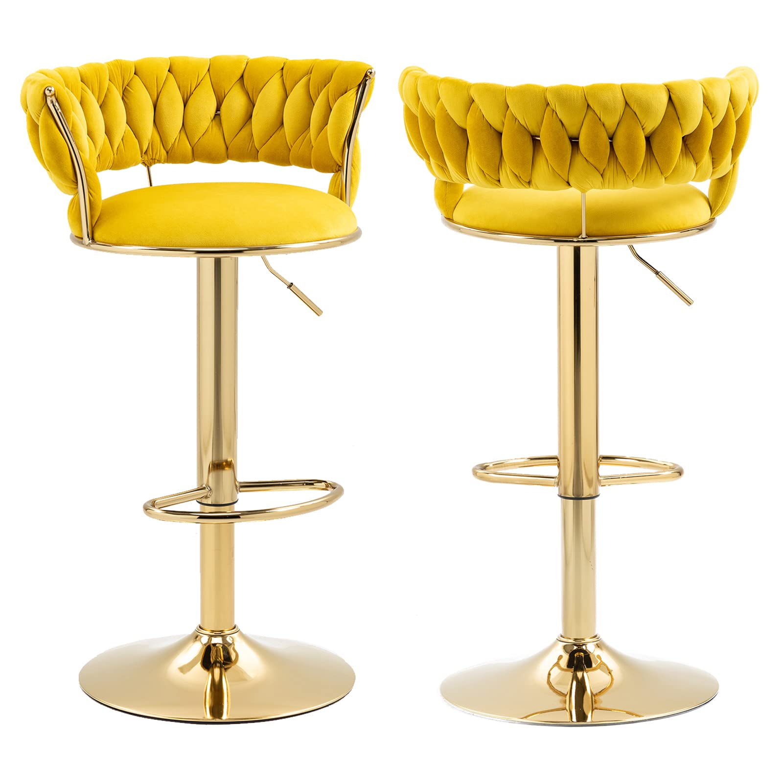 Velvet Swivel Bar Stools Set of 2 - Adjustable Counter Height Barstools with Woven Backrest, Upholstered Kitchen & Dining Chairs - Modern Bar Stools for Kitchen Island, Breakfast Nook, Home Bar, Cafe, Pub (Mustard Yellow) - Perfect for Entertaining, Casual Dining & Small Space Decor