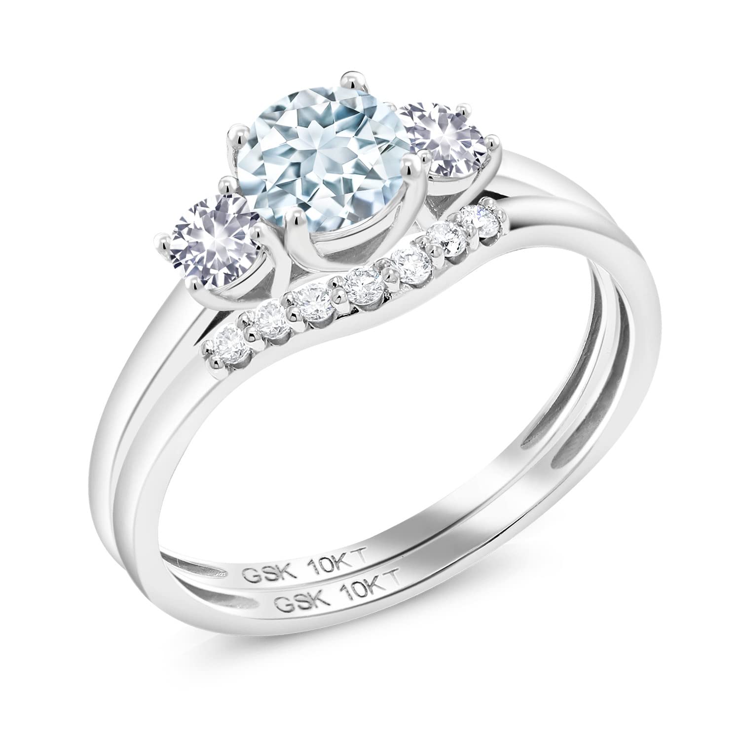 0.73 Ct Lab-Created Aquamarine & White Sapphire 10K White Gold 3-Stone Engagement Ring Set for Women - Perfect for Bridal, Wedding & Anniversary Gifts