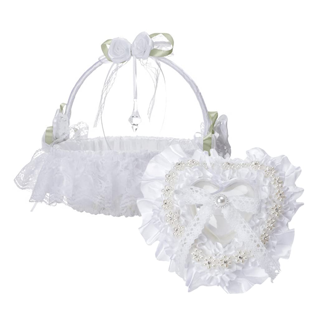 UIYIHIF Lace Heart Flower Girl Basket & Ring Bearer Pillow Set - Elegant Wedding Ring Box & Accessories for Bridal Party - Perfect for Church Ceremonies, Garden Weddings & Reception Decor