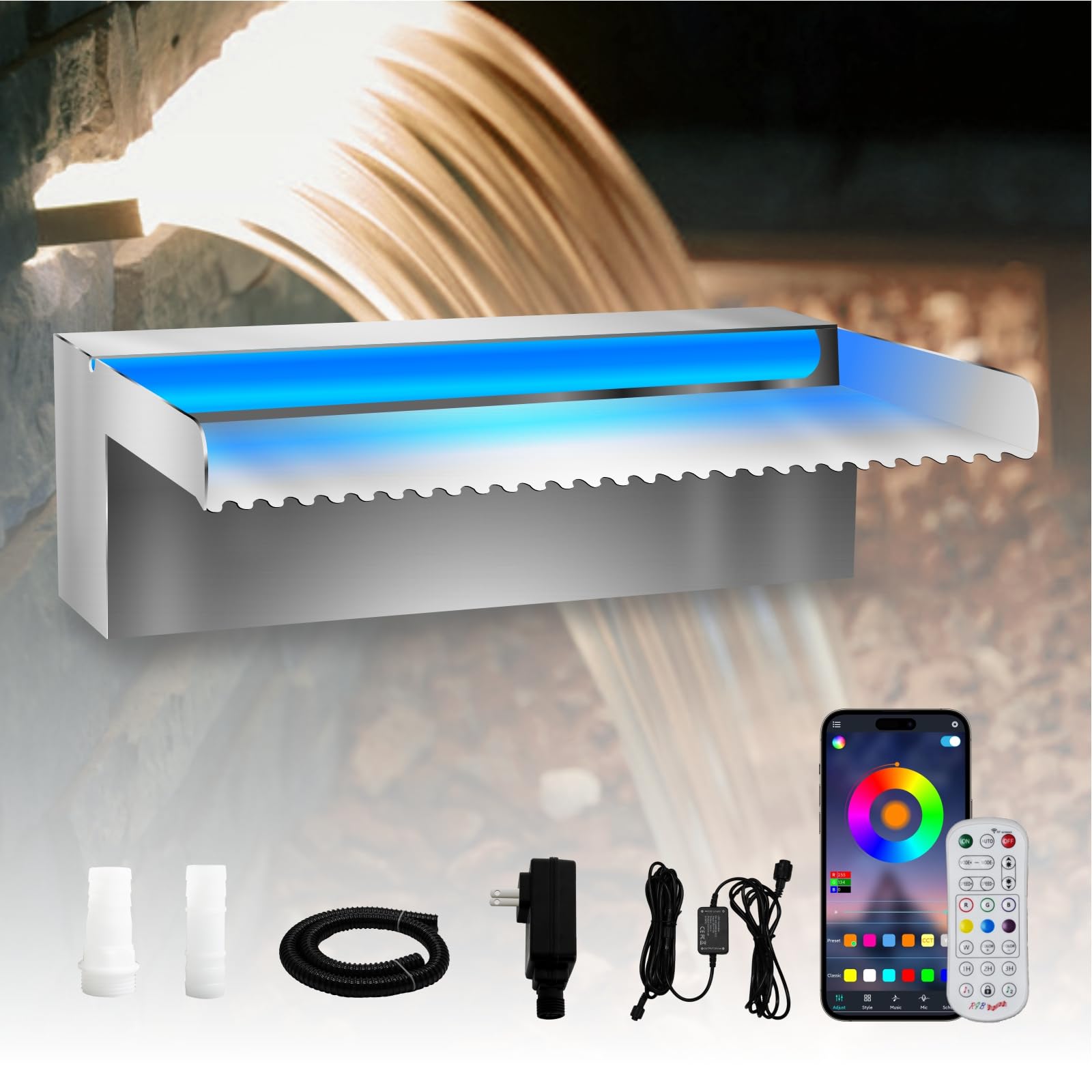 Stainless Steel Pool Waterfall Spillway with APP Control & LED Lights - 11.8