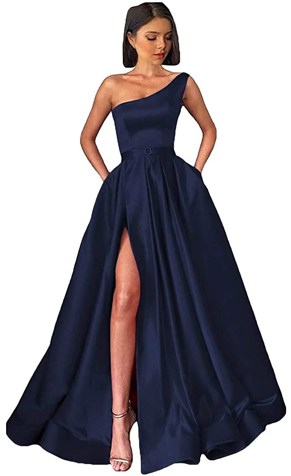 ANGELWARDROBE Women's Prom Dresses Long One Shoulder Formal Evening Gown - A-Line Satin Party Dress with Slit Pockets | Perfect for Homecoming, Wedding Guest, Cocktail Party & Special Occasions