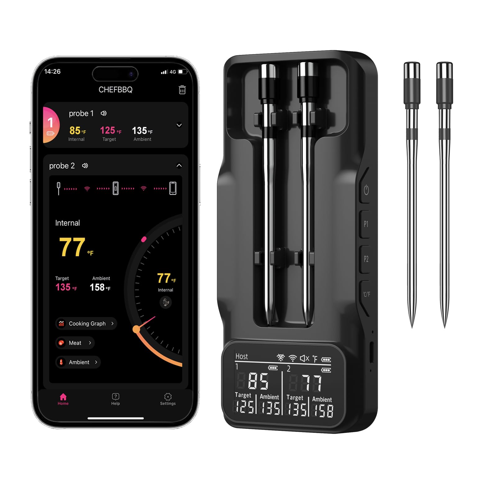 800FT Smart Wireless Meat Thermometer with Digital Probe - Bluetooth BBQ Thermometer for Grilling, Smoking & Oven Cooking - App Controlled with Dual Probes (Perfect for Backyard BBQ, Camping & Home Kitchen Use)