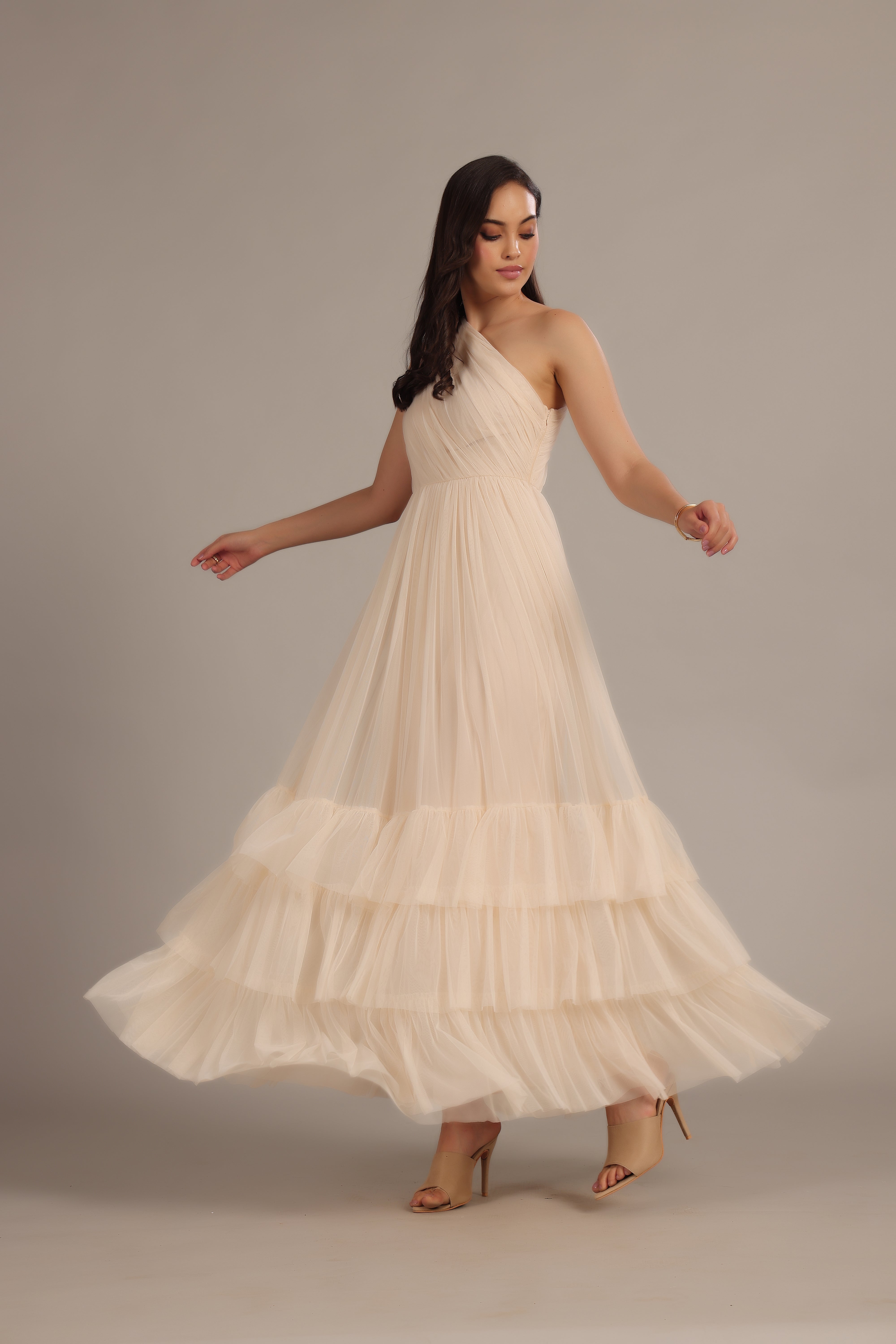 Nicolette Elegant One Shoulder Long Maxi Dress in Champagne - Perfect for Weddings, Parties & Evening Events