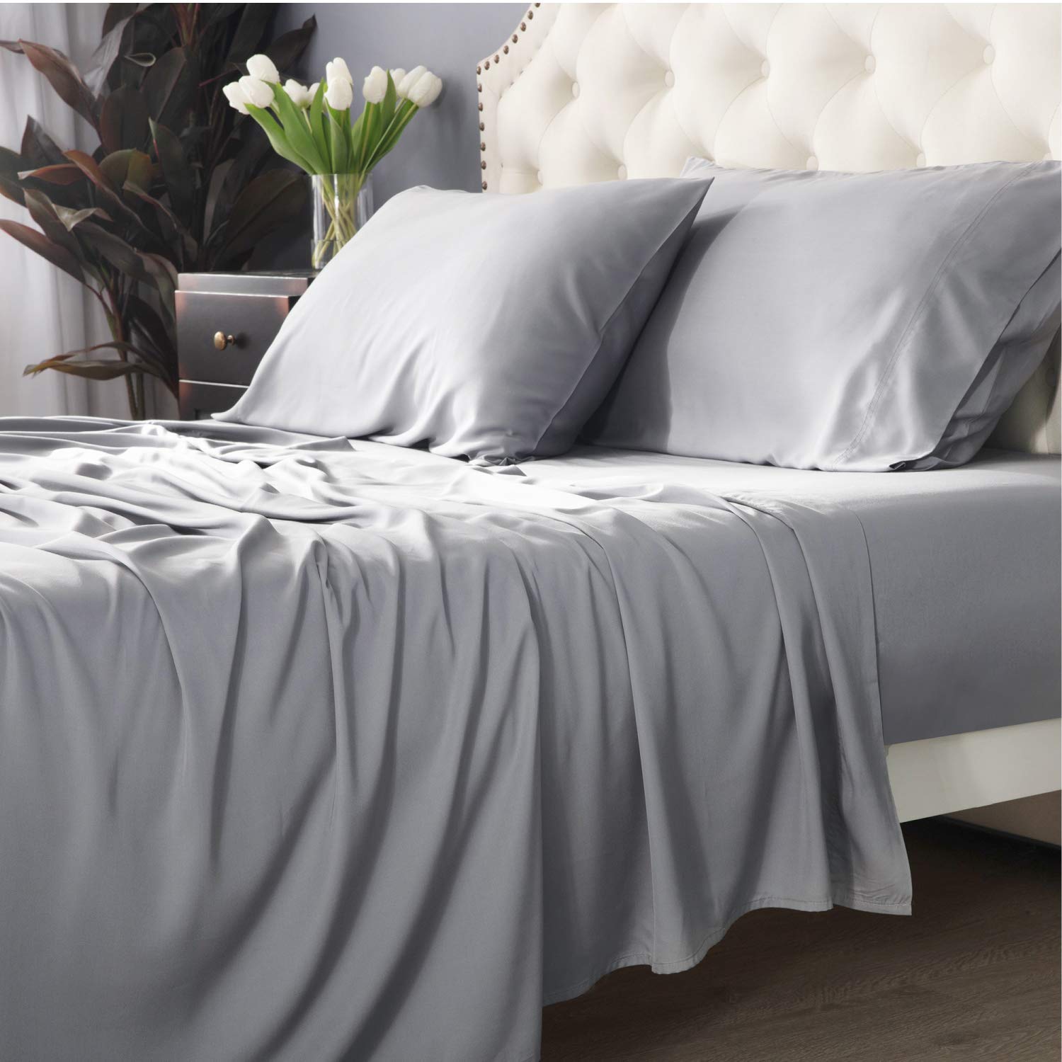 Luxury 8-Piece Bedding Set - 100% Egyptian Cotton 450-Thread Count (4PC Sheet Set + 3PC Duvet Cover + 1PC Bed Skirt) Full XL Size, Silver Grey - Soft & Breathable for All Seasons - Perfect for Master Bedroom, Guest Room or Vacation Home
