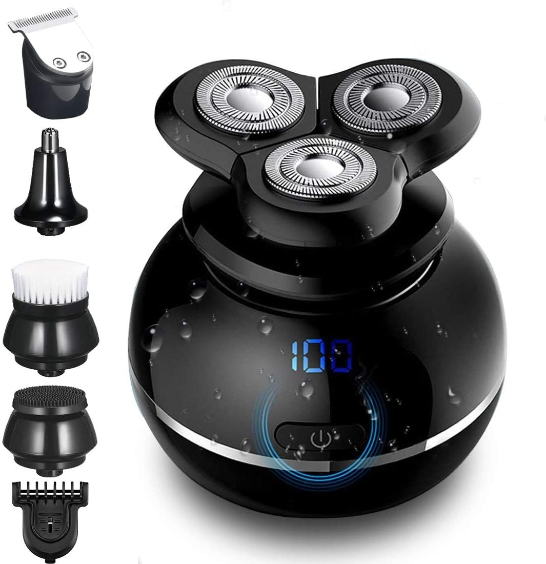 5-in-1 Electric Head Shaver for Bald Men - Waterproof Beard Trimmer, Nose Hair Trimmer, Hair Clipper & Face Cleansing Brush - Complete Grooming Kit for Smooth Shaving & Personal Care at Home or Travel